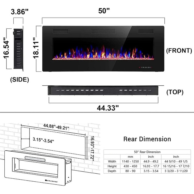Electric Fireplace Heater Recessed Wall-mounted w/ RC (750-1500W)