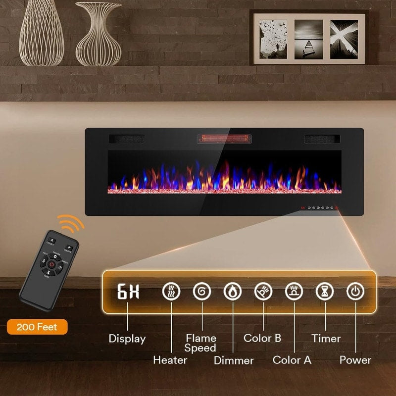 Electric Fireplace Heater Recessed Wall-mounted w/ RC (750-1500W)