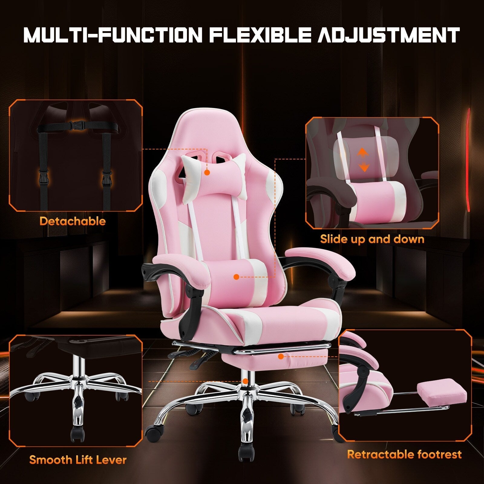 Ergonomic PU Leather 360¡ã Swivel Gaming Recliner with Footrest, Headrest, Lumbar Support, Adjustable Height