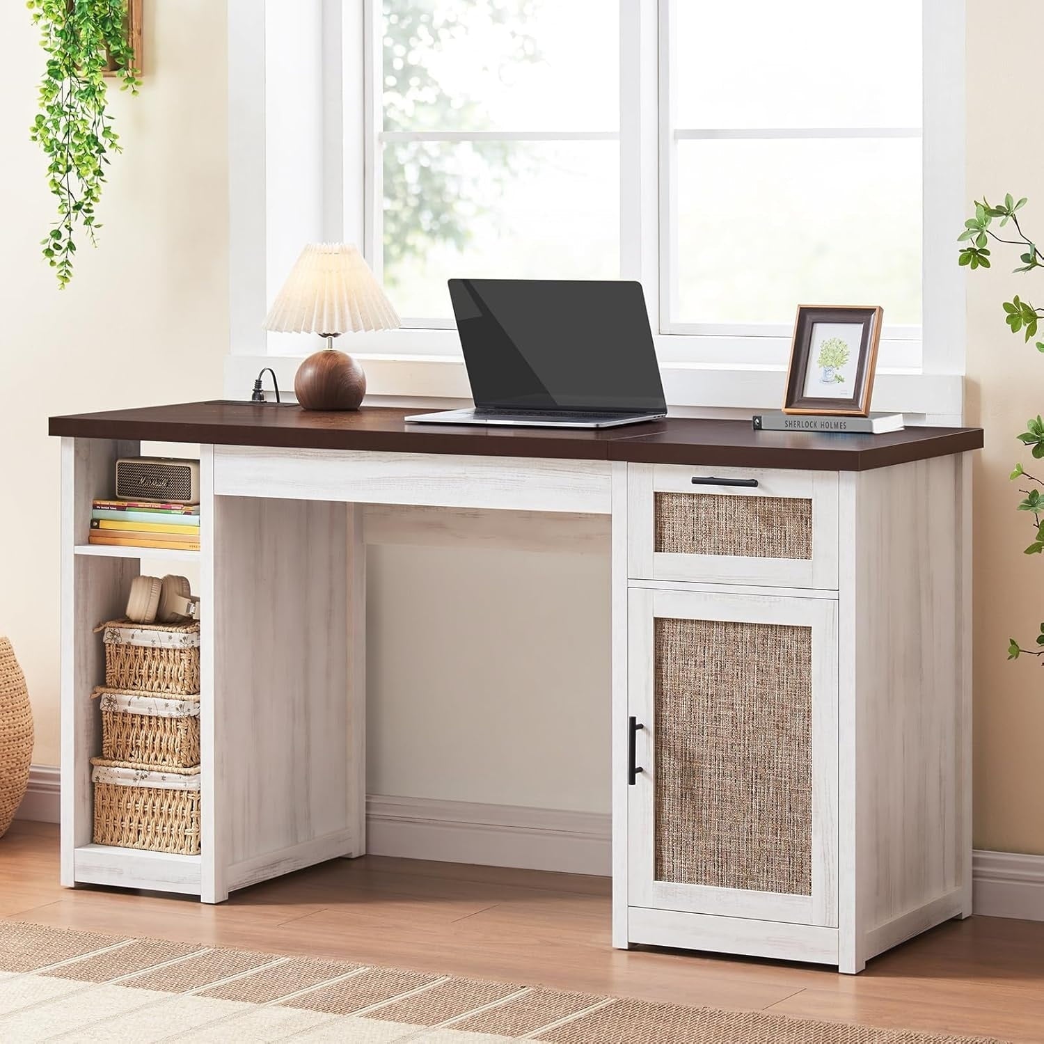 Farmhouse Executive Desk Home Office Desk File Drawer Monitor Stand Power Outlet