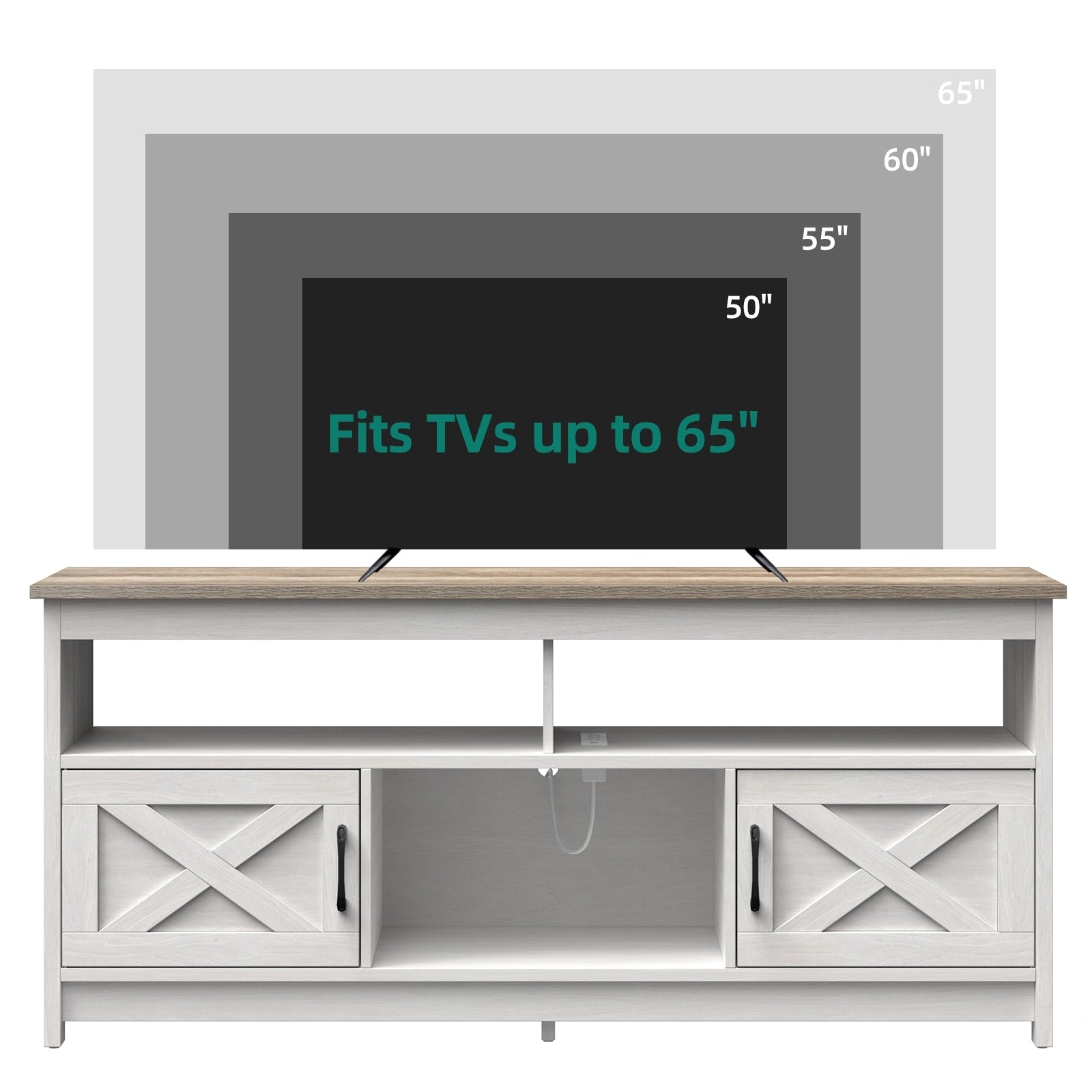 Farmhouse TV Stand for up to 65 TV with Doors and Open Shelves Media Console Power Outlet