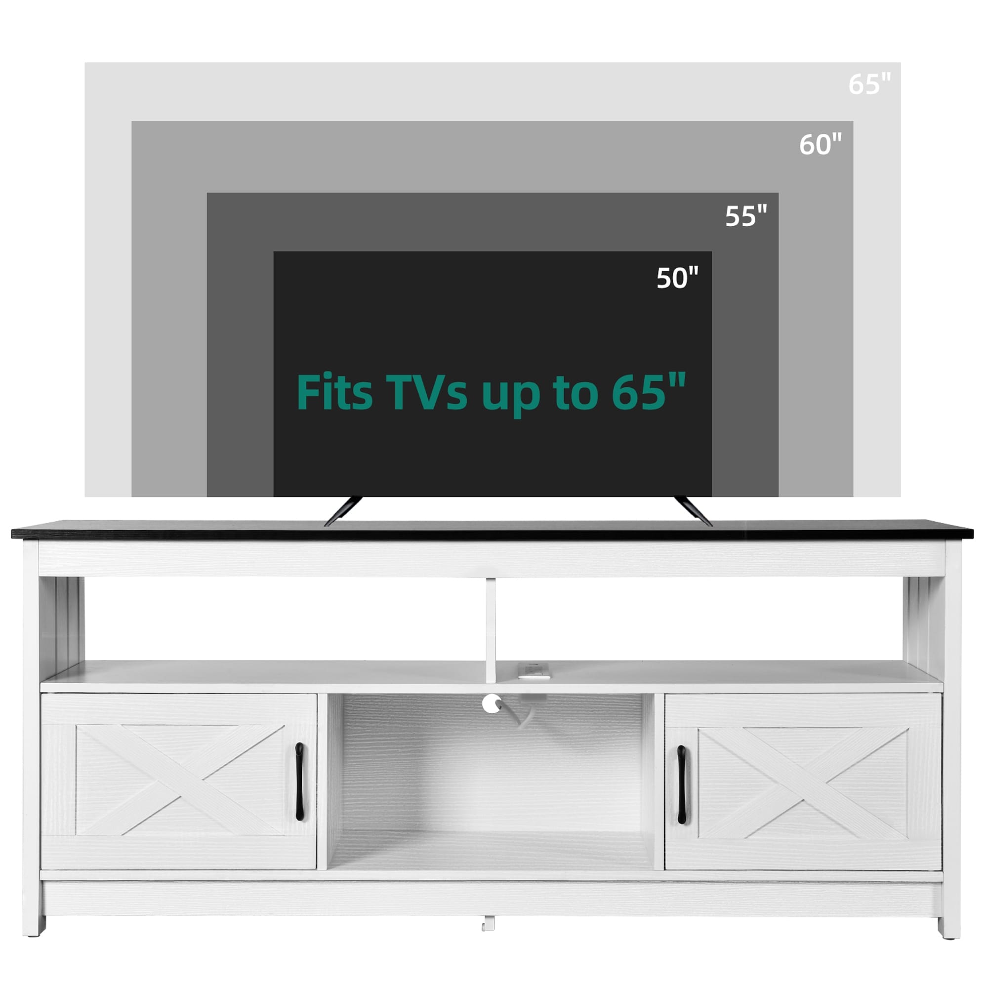 Farmhouse TV Stand for up to 65 TV with Doors and Open Shelves Media Console Power Outlet