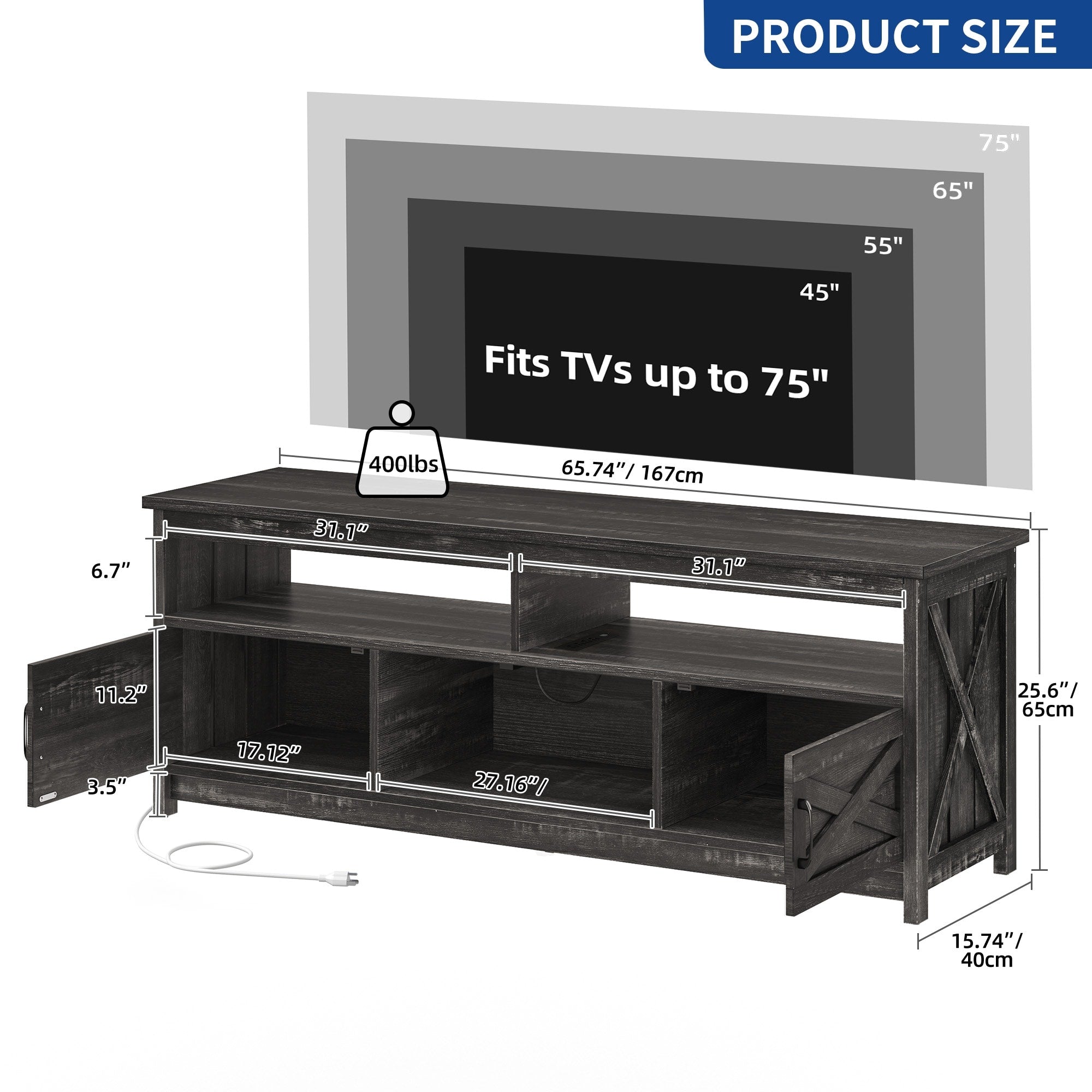 Farmhouse TV Stand for up to 65 TV with Doors and Open Shelves Media Console Power Outlet