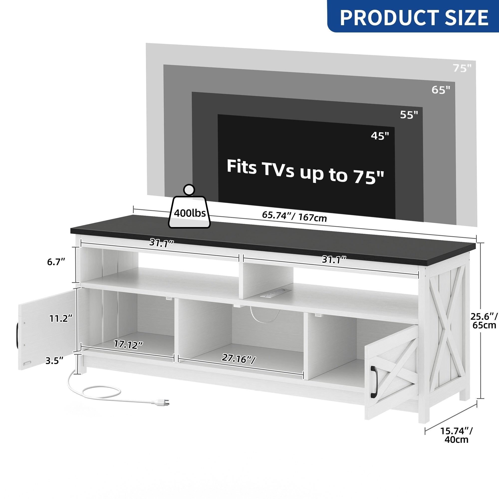 Farmhouse TV Stand for up to 65 TV with Doors and Open Shelves Media Console Power Outlet