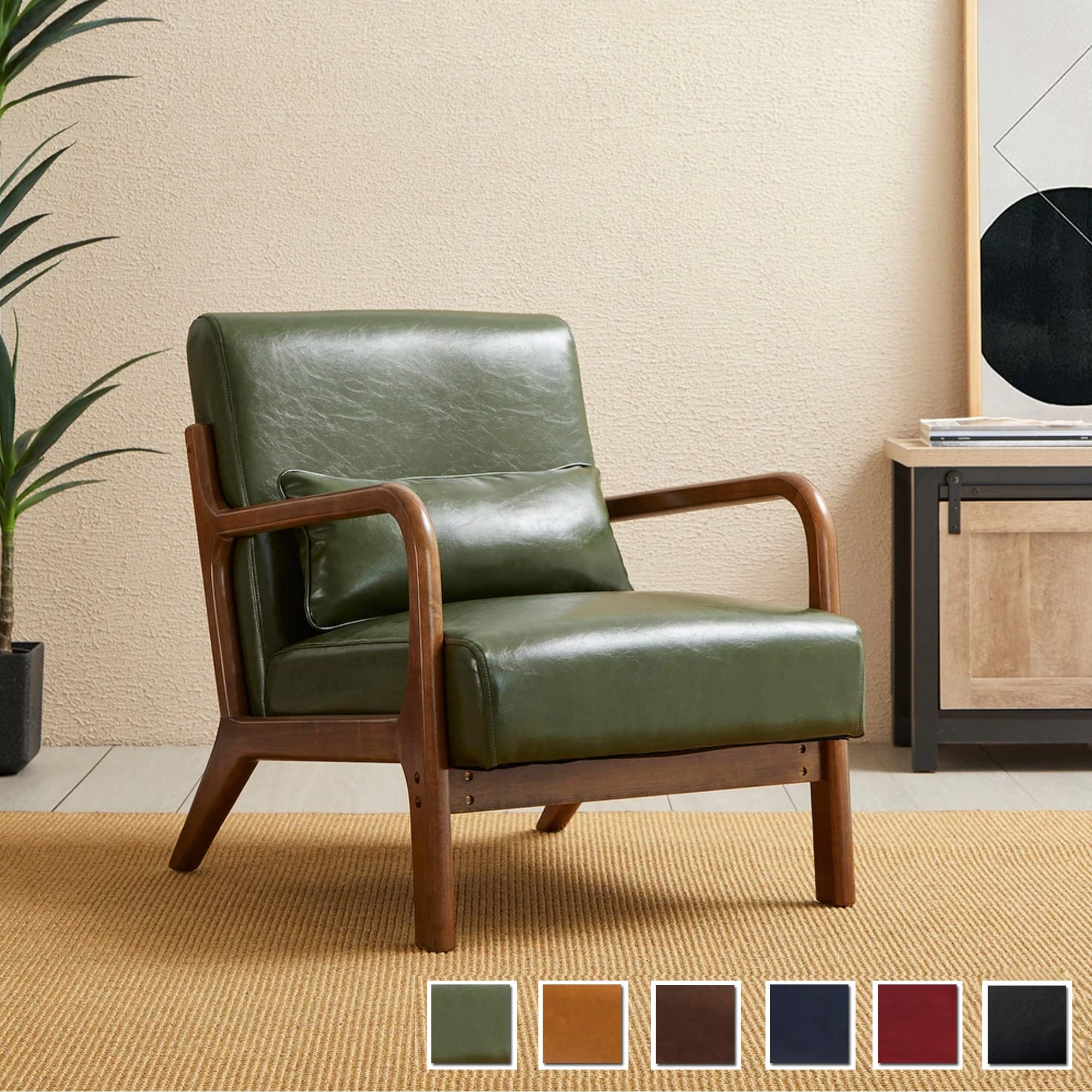 Glitzhome 30.75H Mid-Century Modern PU Leather Armchair Accent Chair with Pillow - 25.75W x 33.75D x 30.75H