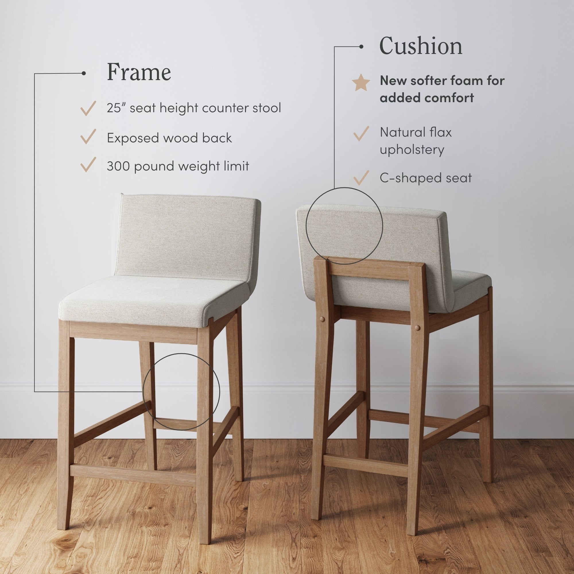 Gracie Modern Bar Stool, Boucle Upholstered Chair and Brushed Wooden Legs