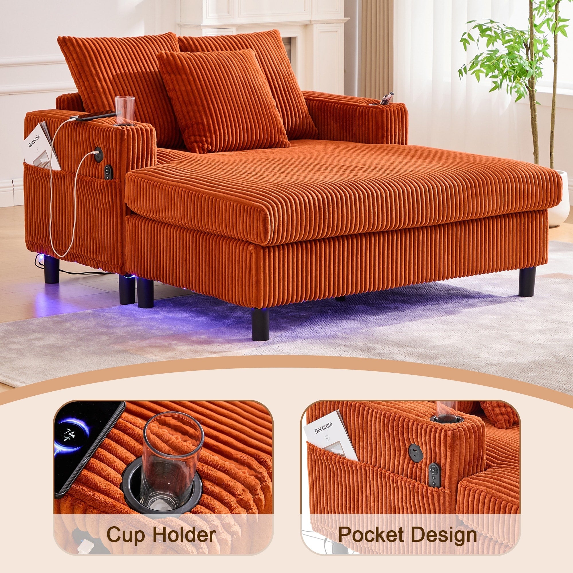 HOMEFUN Corduroy Upholstered Oversized RGB LED Light Recliner Sofa Bed with Cup Holder,USB&3 Pillows