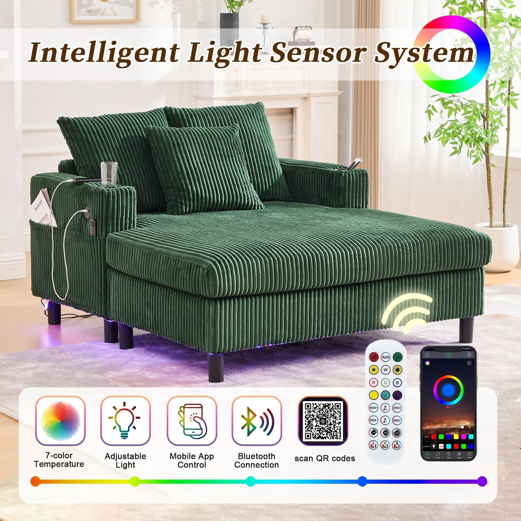 HOMEFUN Corduroy Upholstered Oversized RGB LED Light Recliner Sofa Bed with Cup Holder,USB&3 Pillows