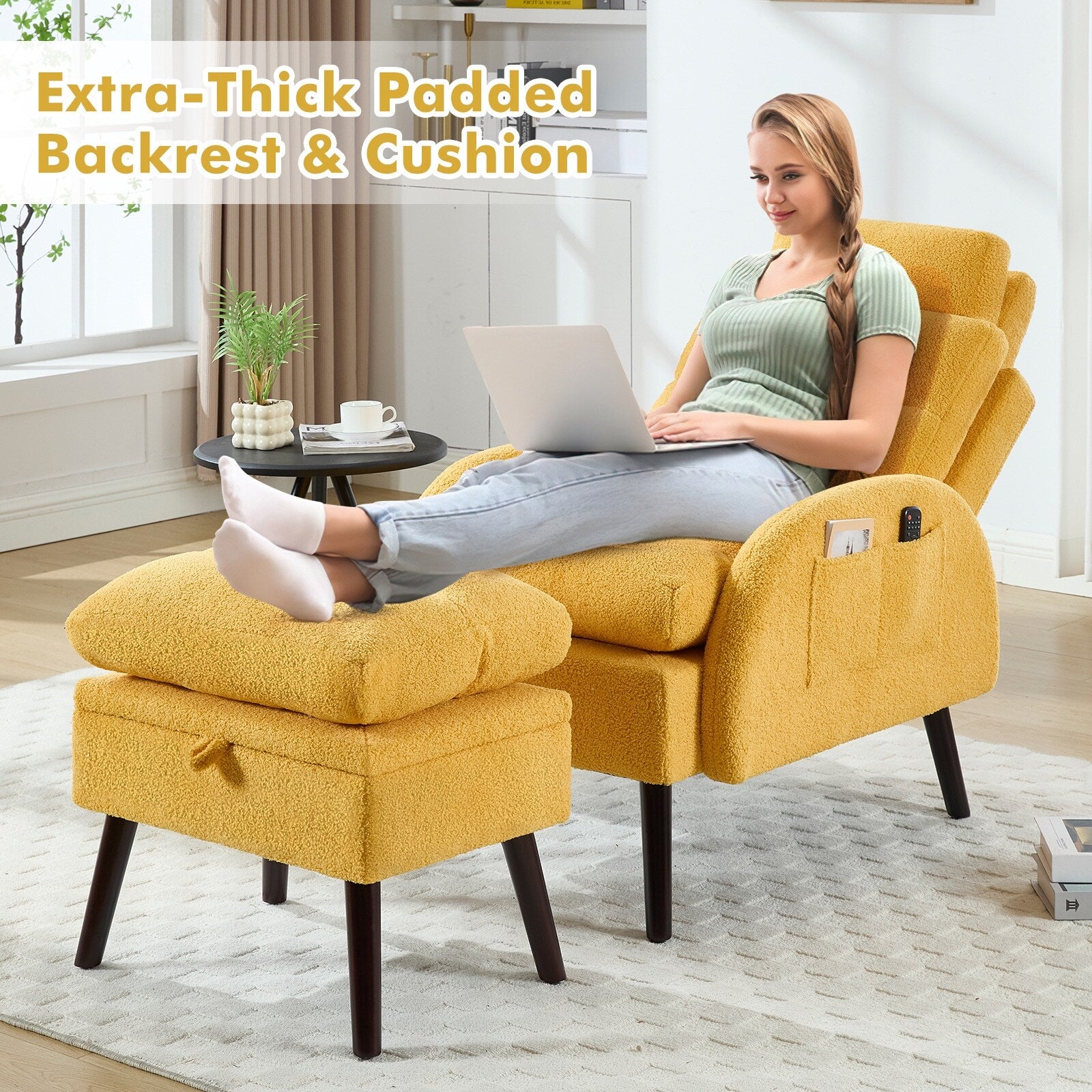 HOMYKA Accent Lounge Chair with Adjustable Backrest Storage Ottoman