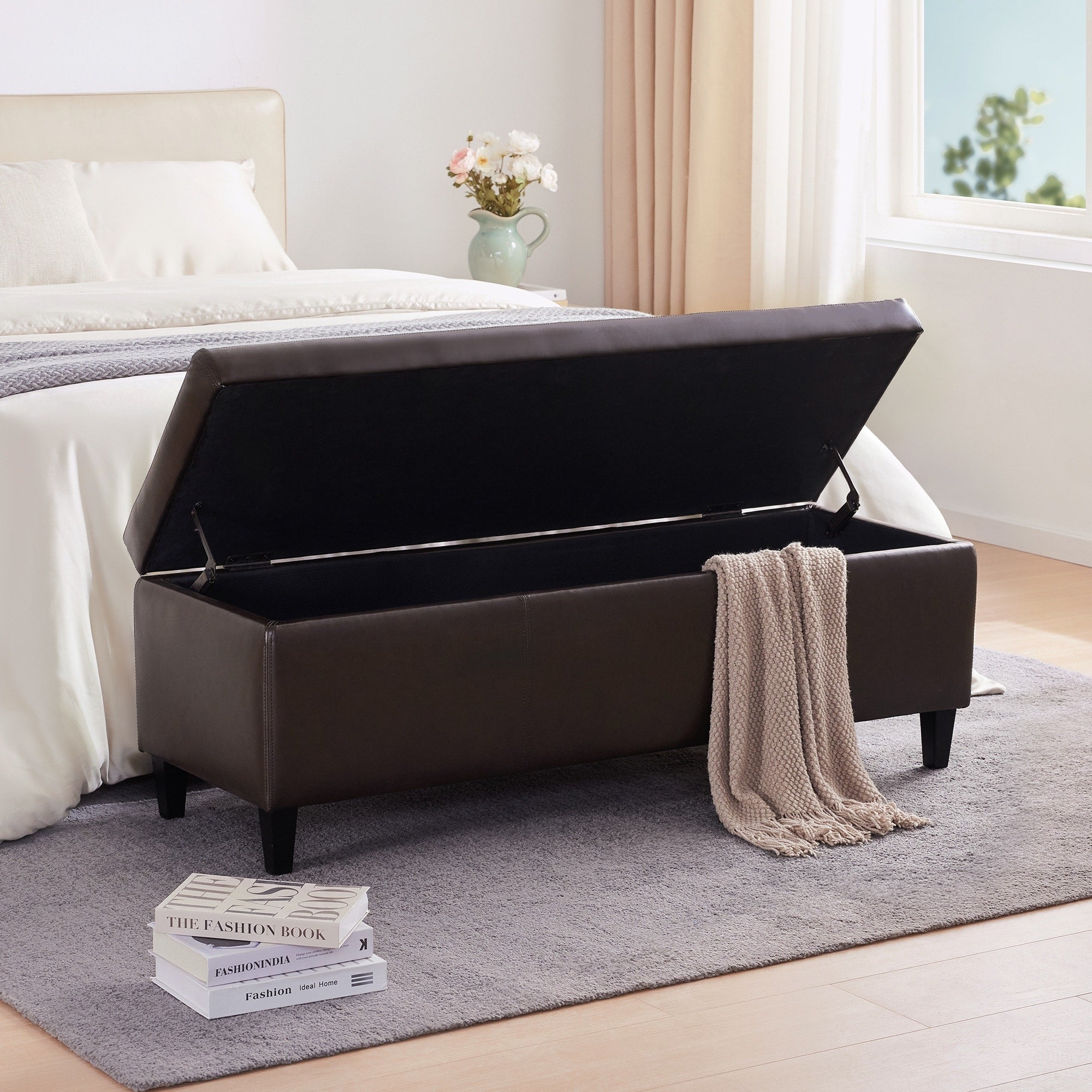 50.3 x 17.50 x 18 Upholstered Rectangular Storage Ottoman-Faux Leather