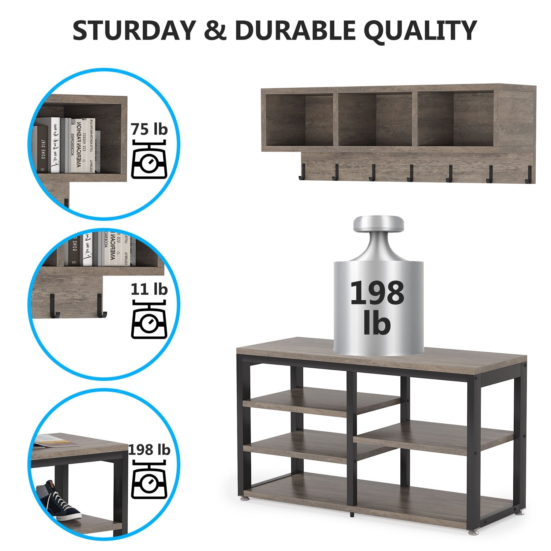 Entryway Coat Rack Shoe Bench Set, Industrial Hall Tree Coat Shoe Rack