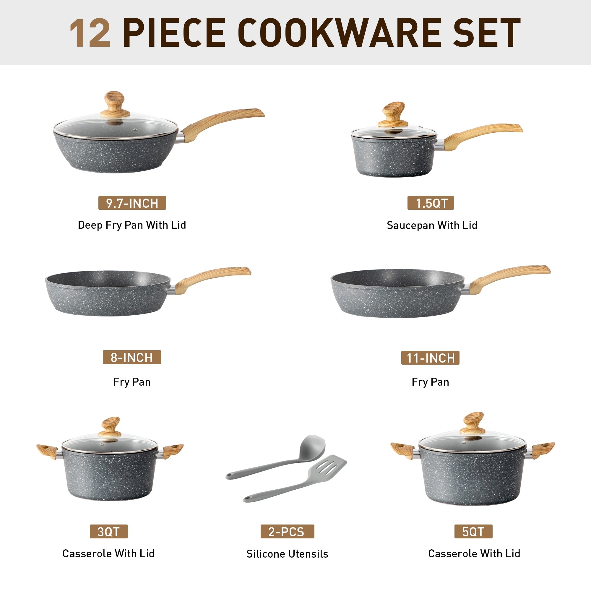Kitchen Cookware Sets Nonstick, 12 Piece Pots and Pans Set Granite Cooking Set