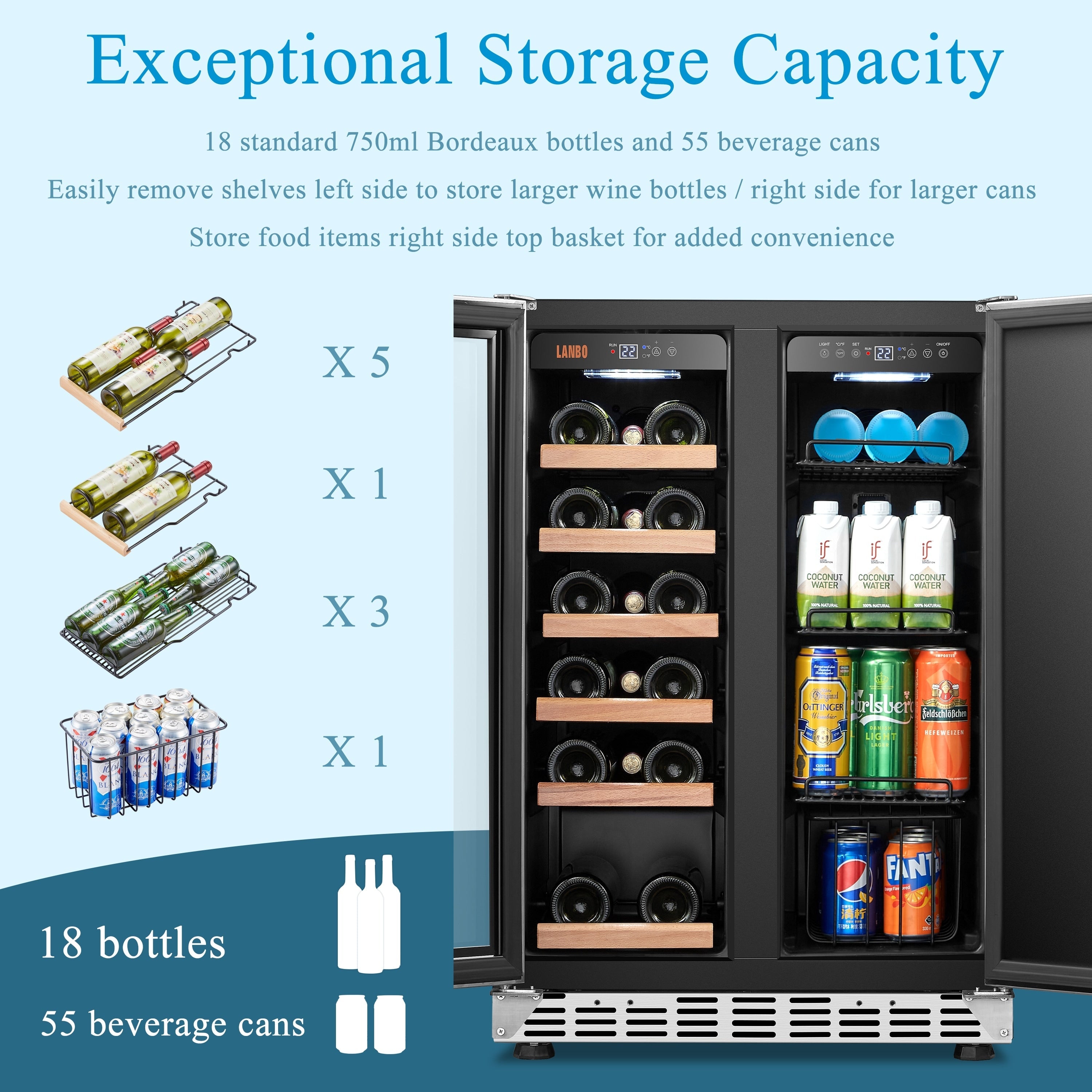 Lanbo 24 Inch Dual Zone 18 Bottle Wine and 55 Can Beverage Cooler, Stainless Steel and Glass with French Door