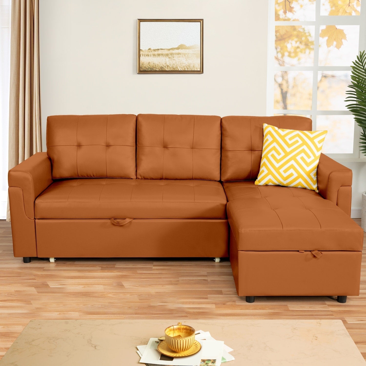Convertible Reversible Sectional Sofa with Pull-Out Sleeper Bed, Hidden Storage Chaise, and Durable Legs