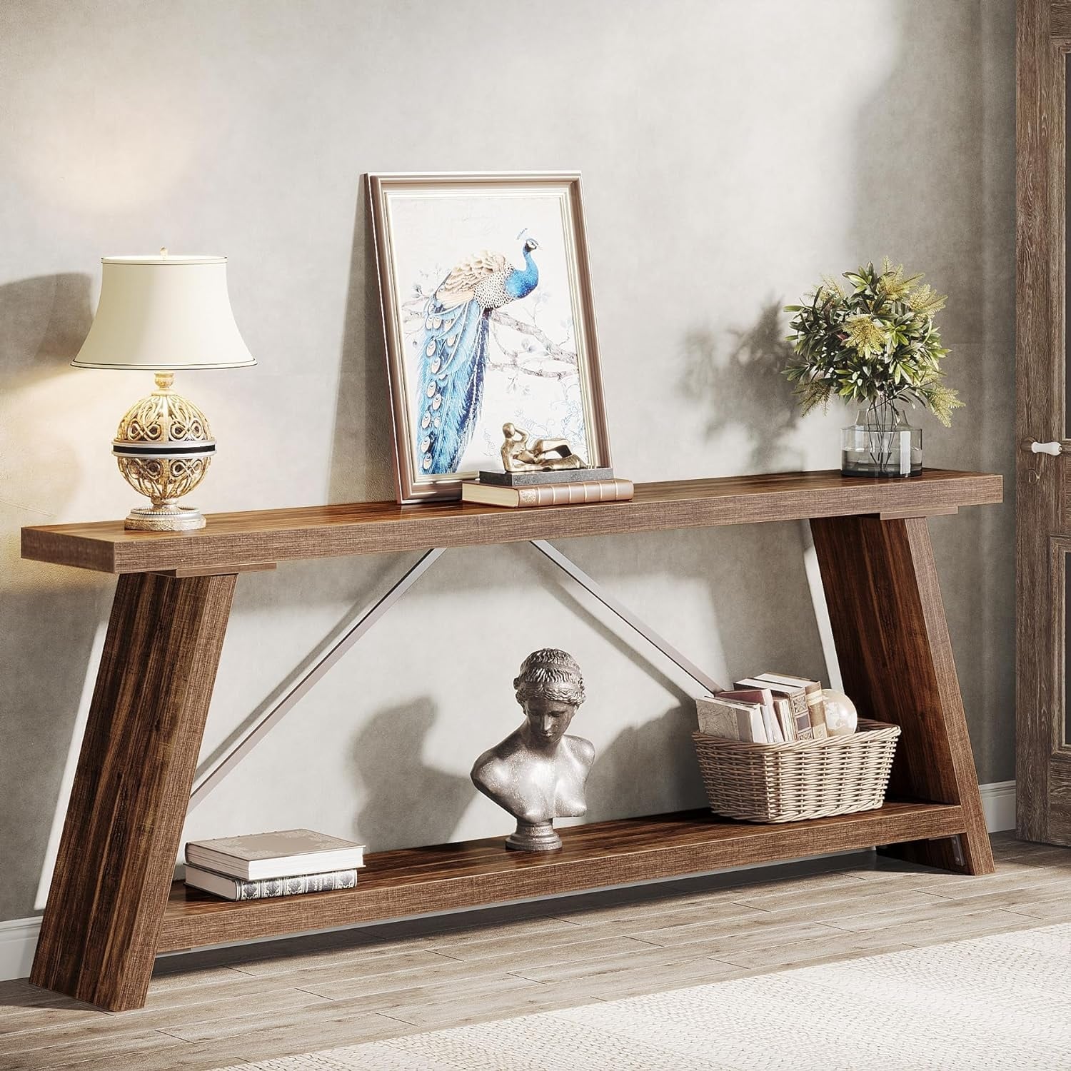 70.9 Inches Long Rustic Wood Console Sofa Table with Storage Shelf