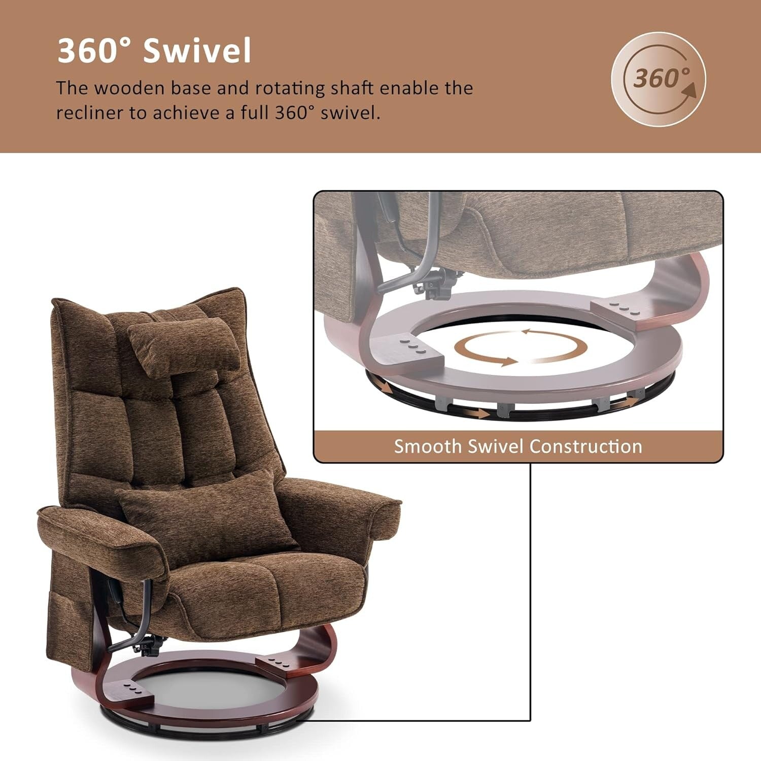 MCombo Set of 2 Swivel Recliner with Ottoman and Neck Pillow,Chenille Fabric