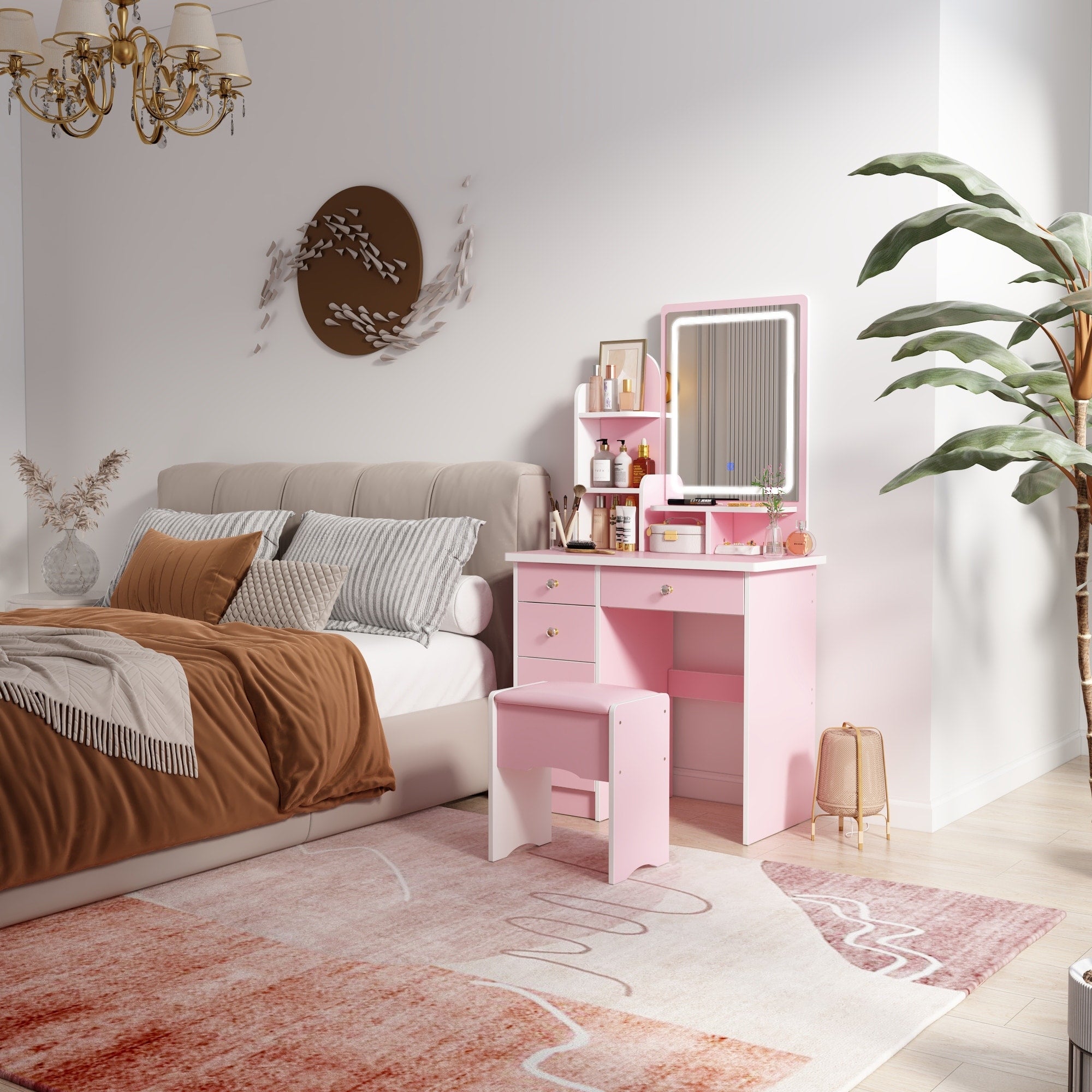 Makeup Vanity Set Table With LED Light &Mirror & Stool