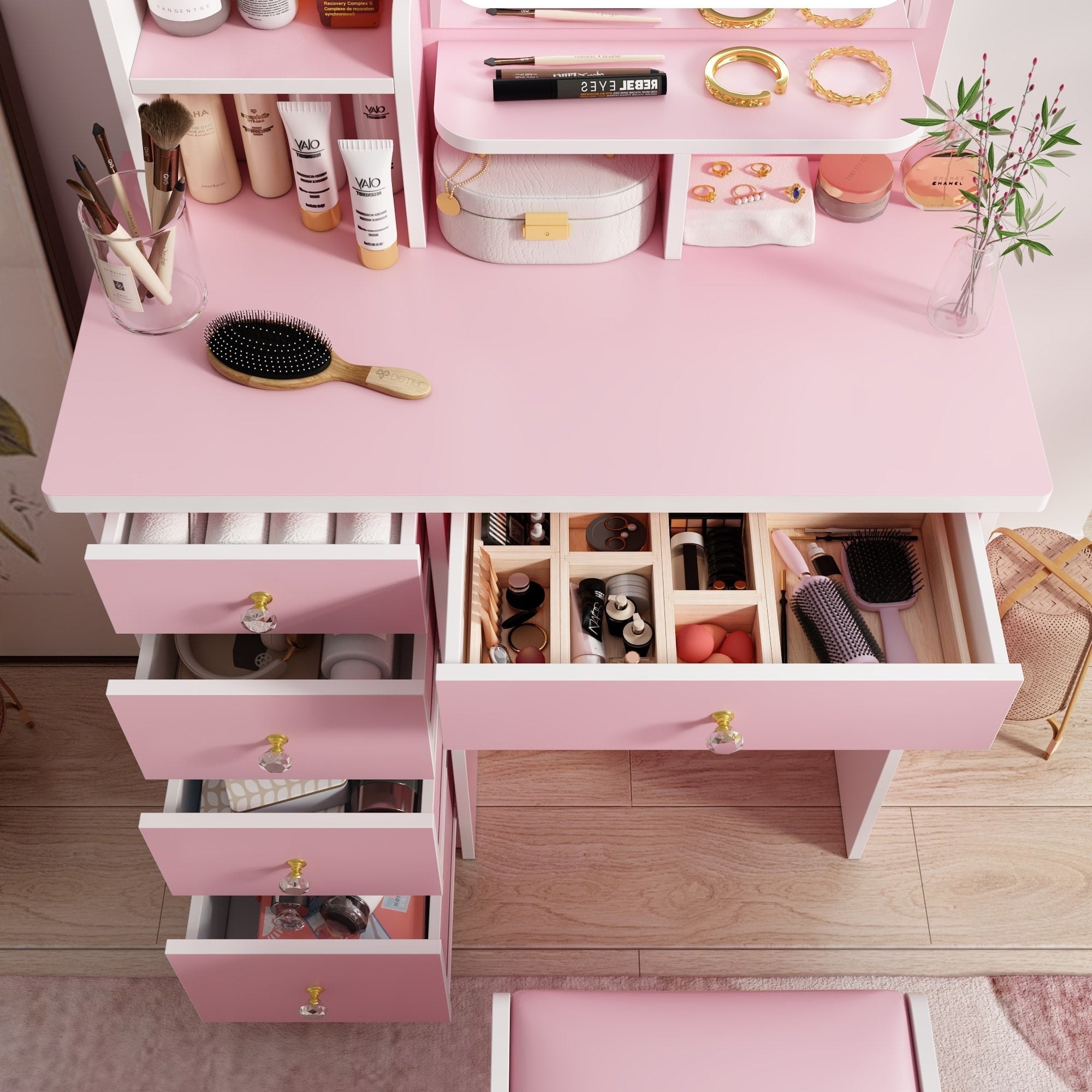 Makeup Vanity Set Table With LED Light &Mirror & Stool