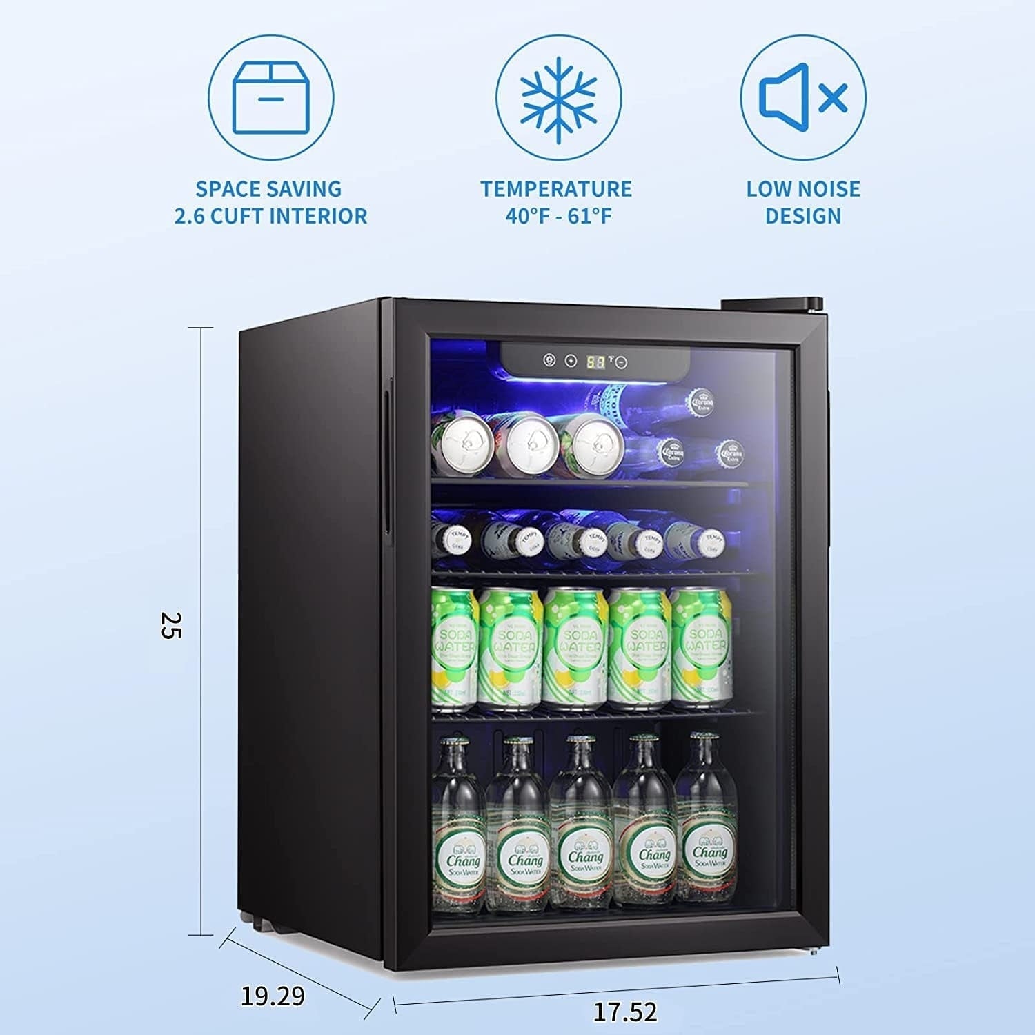 Mini Fridge-100 Can Beverage Refrigerator, Wine Cooler, Clear Front Glass Door, Small Drink Touch Screen - 2.6 Cu. Ft.