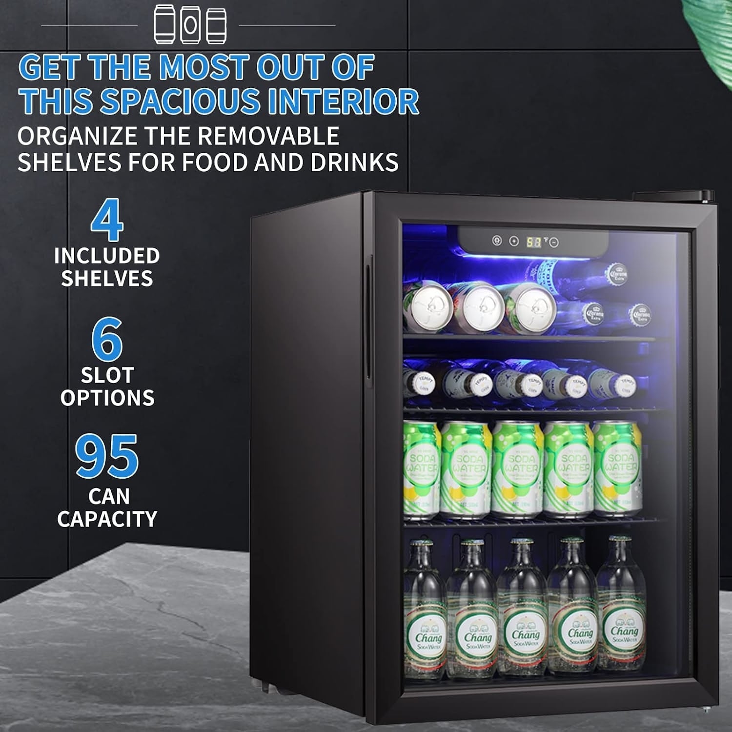 Mini Fridge-100 Can Beverage Refrigerator, Wine Cooler, Clear Front Glass Door, Small Drink Touch Screen - 2.6 Cu. Ft.