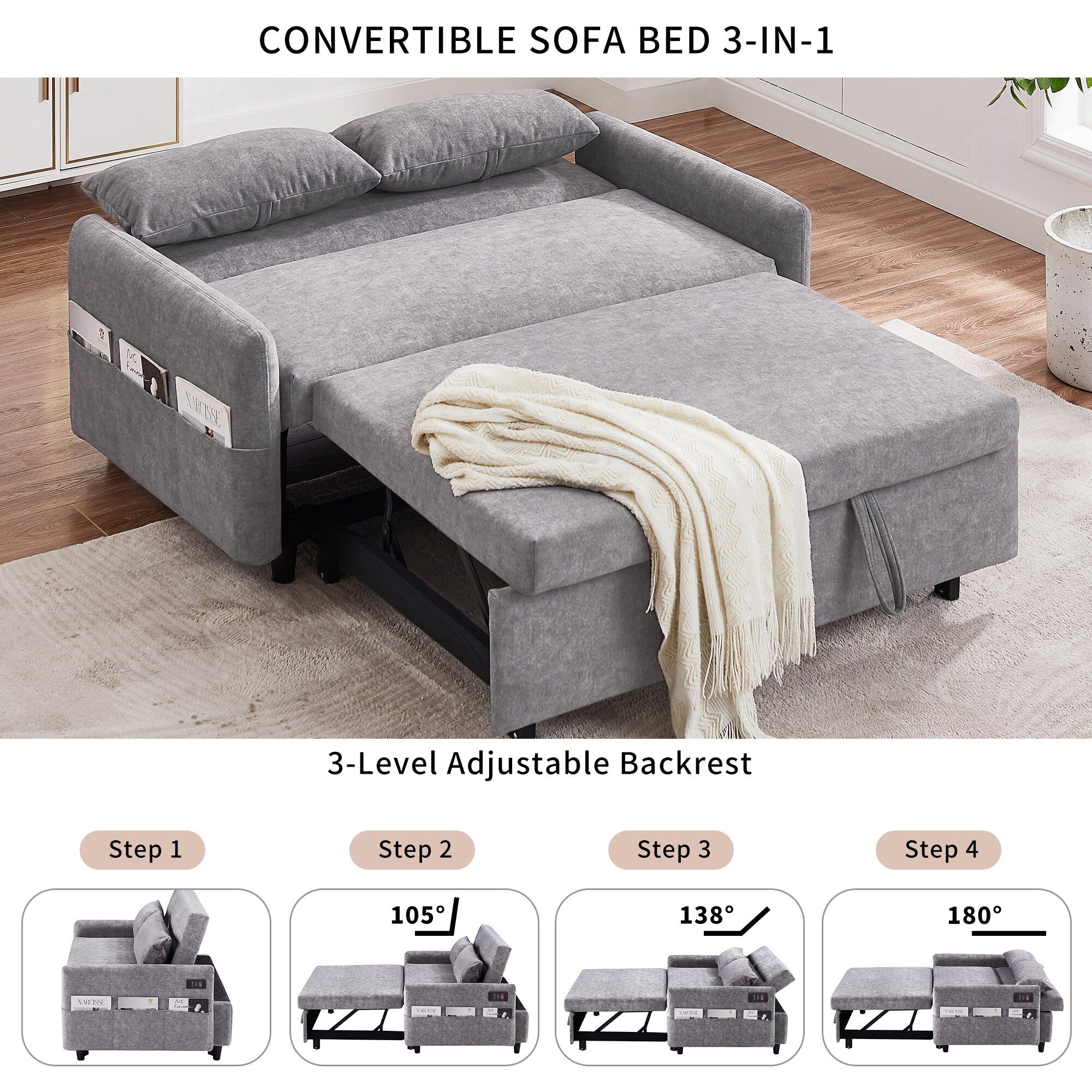 Modern 2 Seat Couch, Microfiber Pull Out Sleep Sofa Bed wih Adjsutable Backrest, Storage Pockets, 2 Soft Pillows, USB Ports