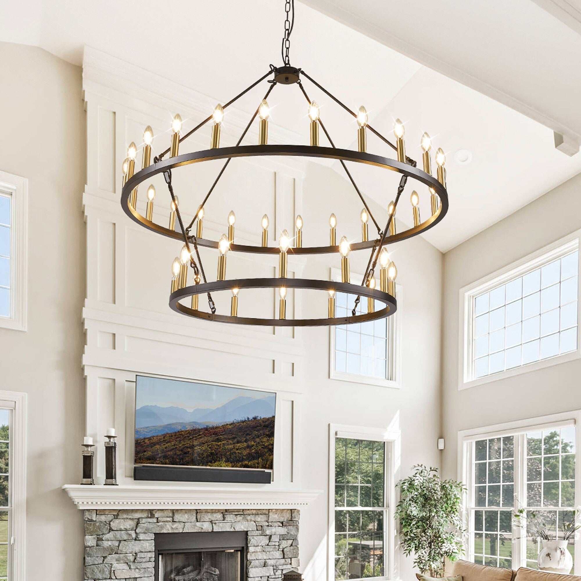 Modern Farmhouse Chandelier 2 Tier Round Wagon Wheel Chandelier Large High Ceiling Light.