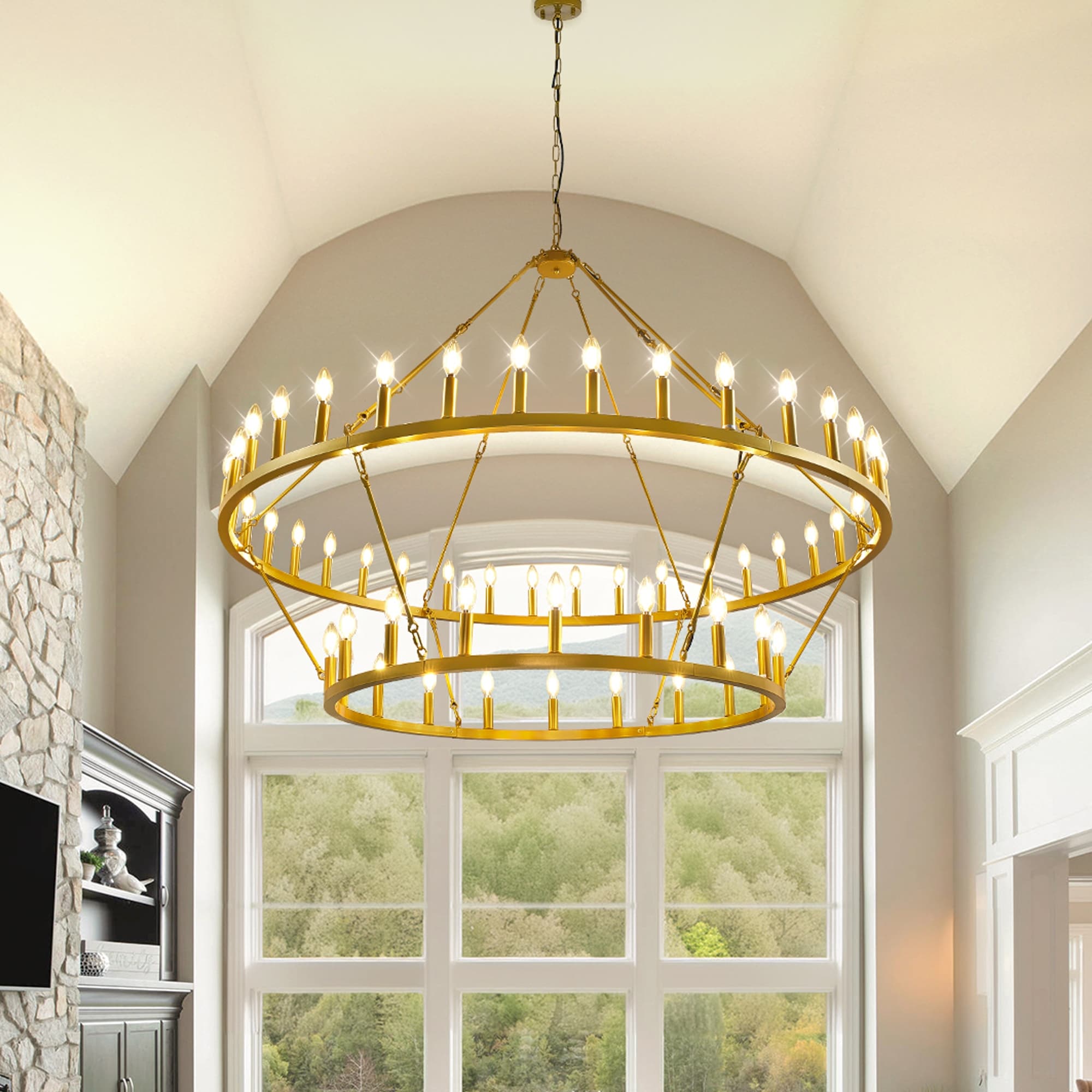 Modern Farmhouse Chandelier 2 Tier Round Wagon Wheel Chandelier Large High Ceiling Light.