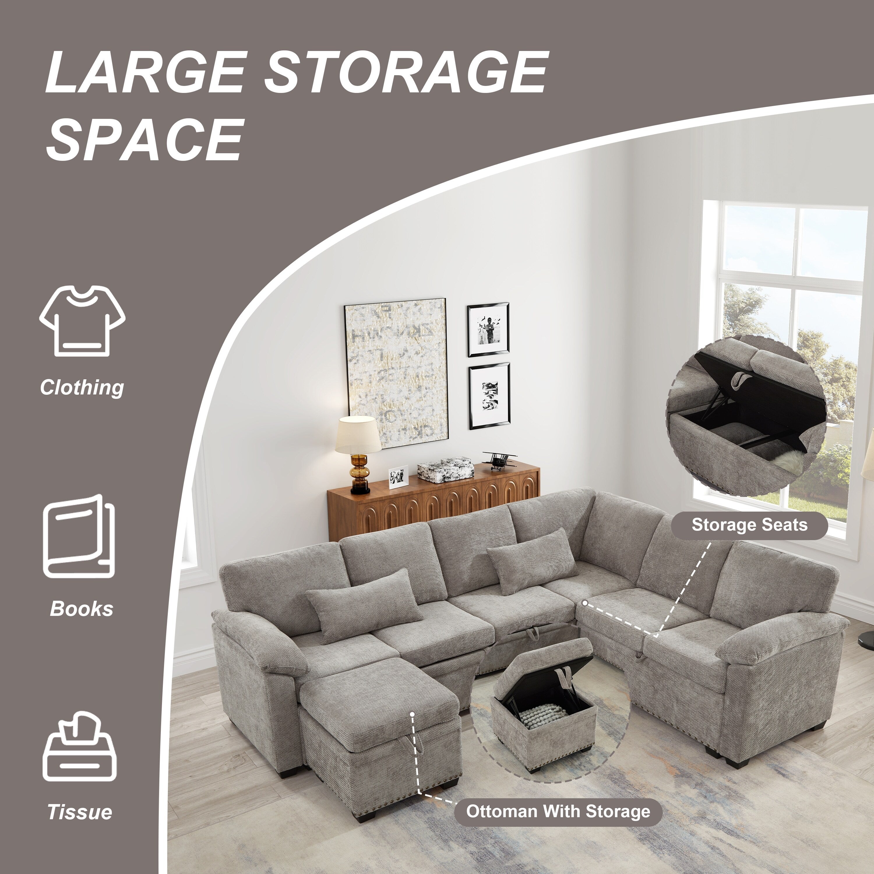 Modern L-Shaped Chenille Sectional Sofa with Pull-Out Sleeper, Storage Seats, Ottoman and 2 Pillows for Living Room