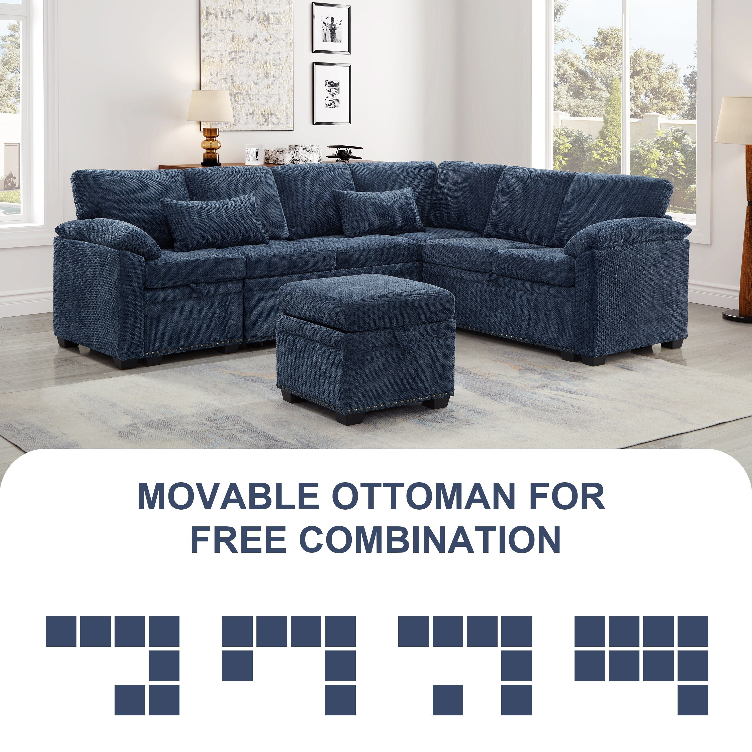 Modern L-Shaped Chenille Sectional Sofa with Pull-Out Sleeper, Storage Seats, Ottoman and 2 Pillows for Living Room