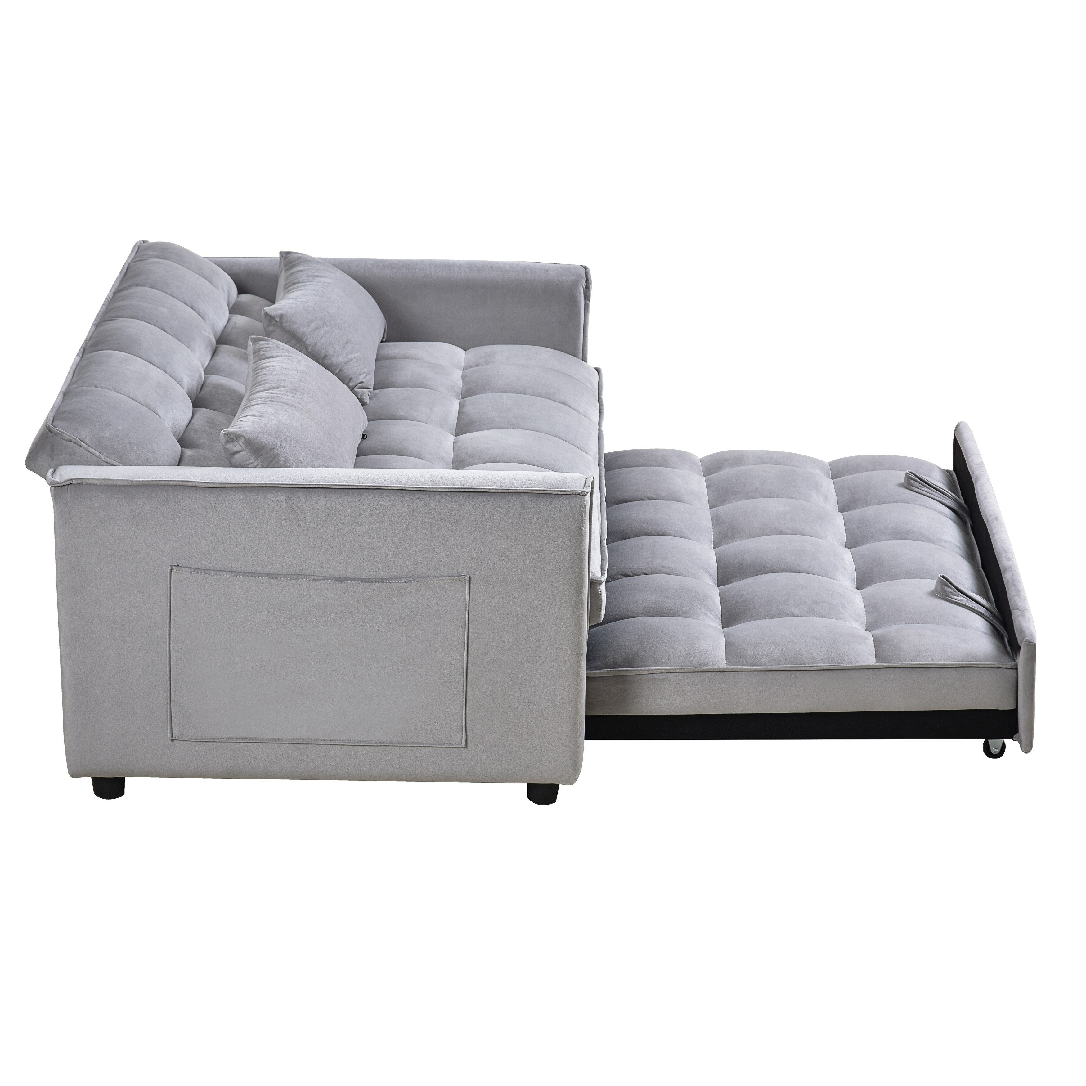 Modern Pull-Out Couch Bed, 3-in-1 Sleeper Sofa with Adjustable Backrest, Velvet Loveseat, Pillows & Side Pockets