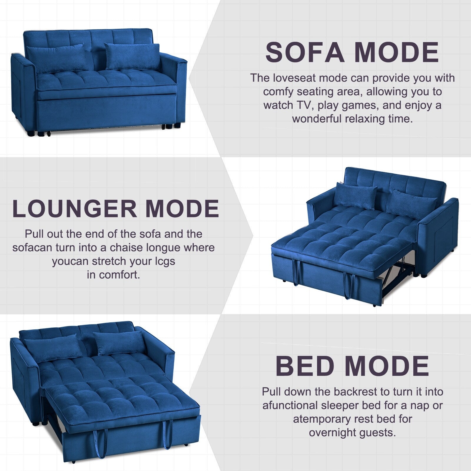 Modern Pull-Out Couch Bed, 3-in-1 Sleeper Sofa with Adjustable Backrest, Velvet Loveseat, Pillows & Side Pockets