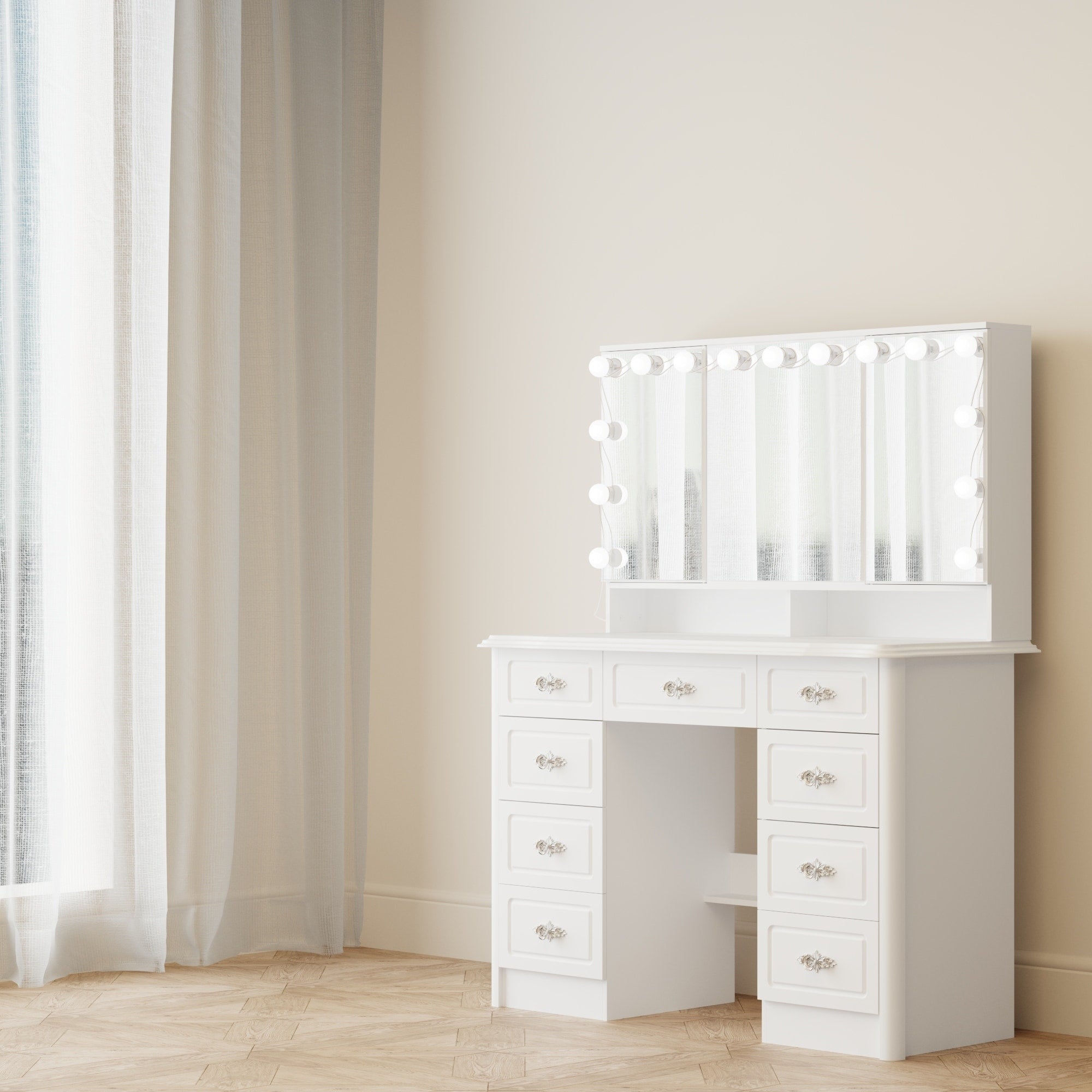 Modern White Makeup Vanity Fold Mirror Adjustable Lighting Dressing - 40.2x54.1