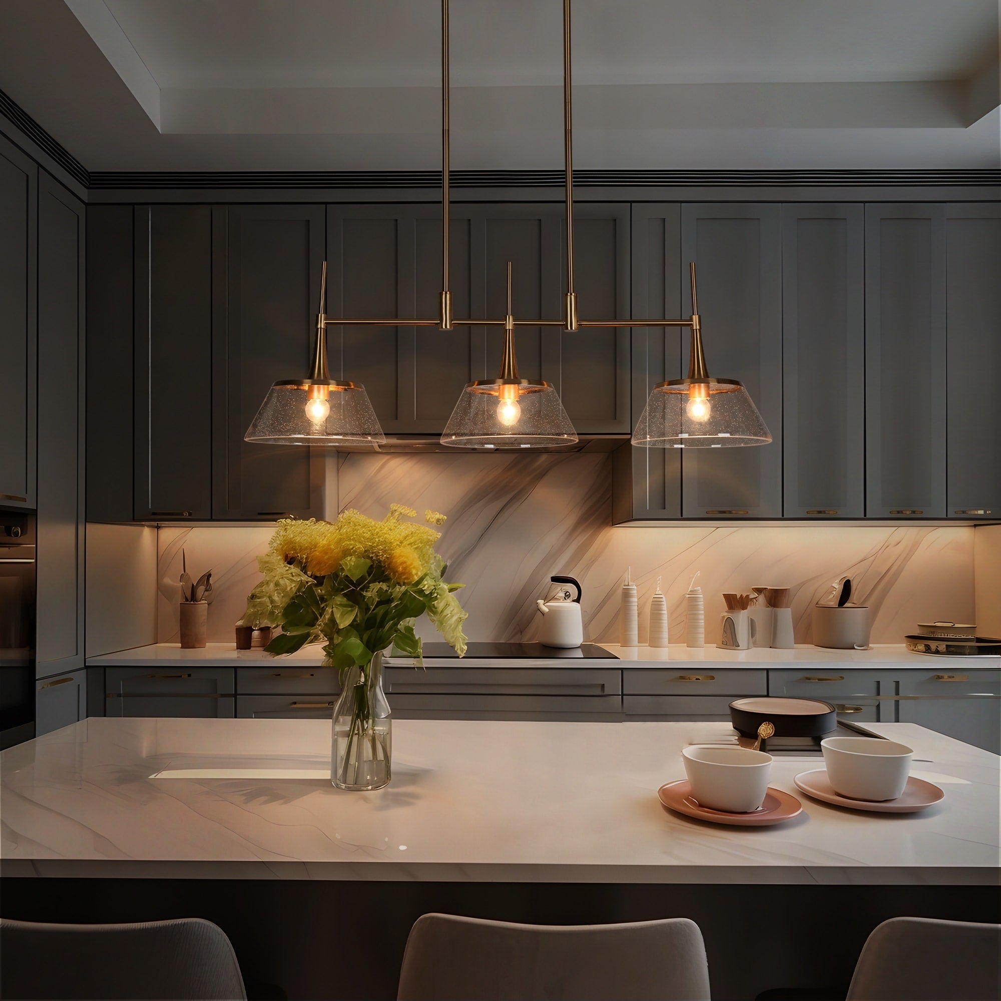 Mola Modern Gold 3-Light Seeded Glass Chandelier Linear Island Pendant Light for Dining Room