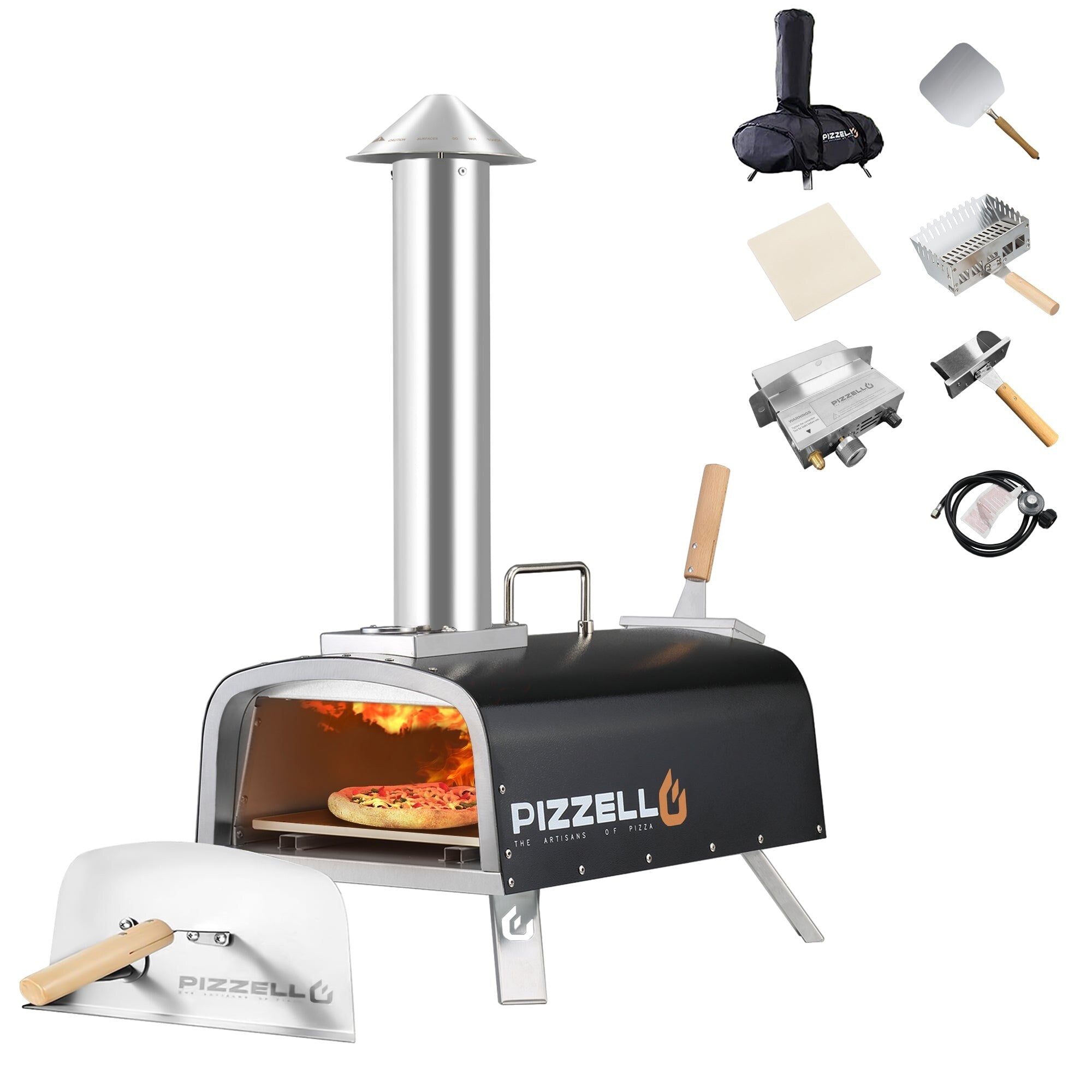 Multi-Fuel Outdoor Pizza Oven Stonebaked Pizza Maker with Gas Burner & Wood Box - 12 inch