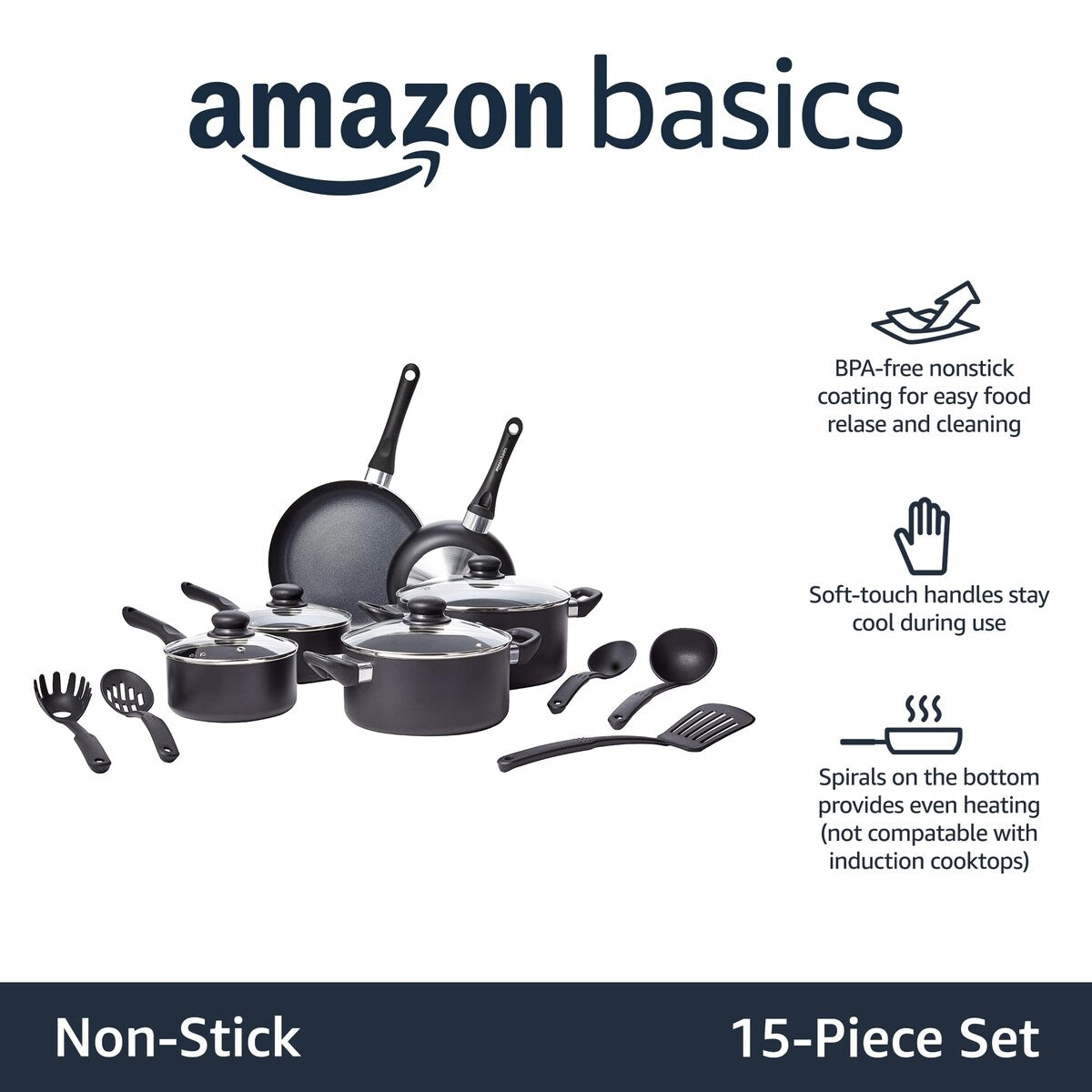 Non-Stick Cookware 15-Piece Set, Pots, Pans and Utensils, Black