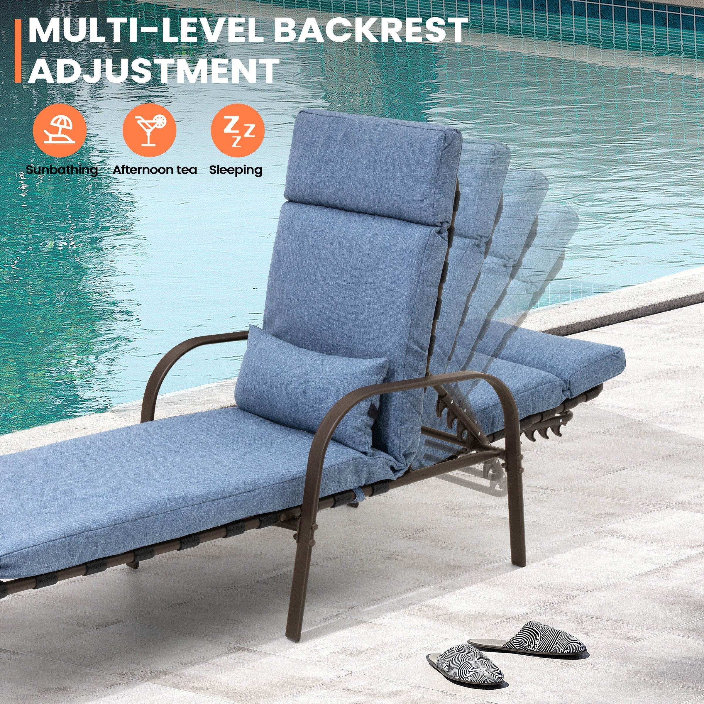 Outdoor Adjustable Patio Chaise Lounge Chair with Cushion Beach Poolside