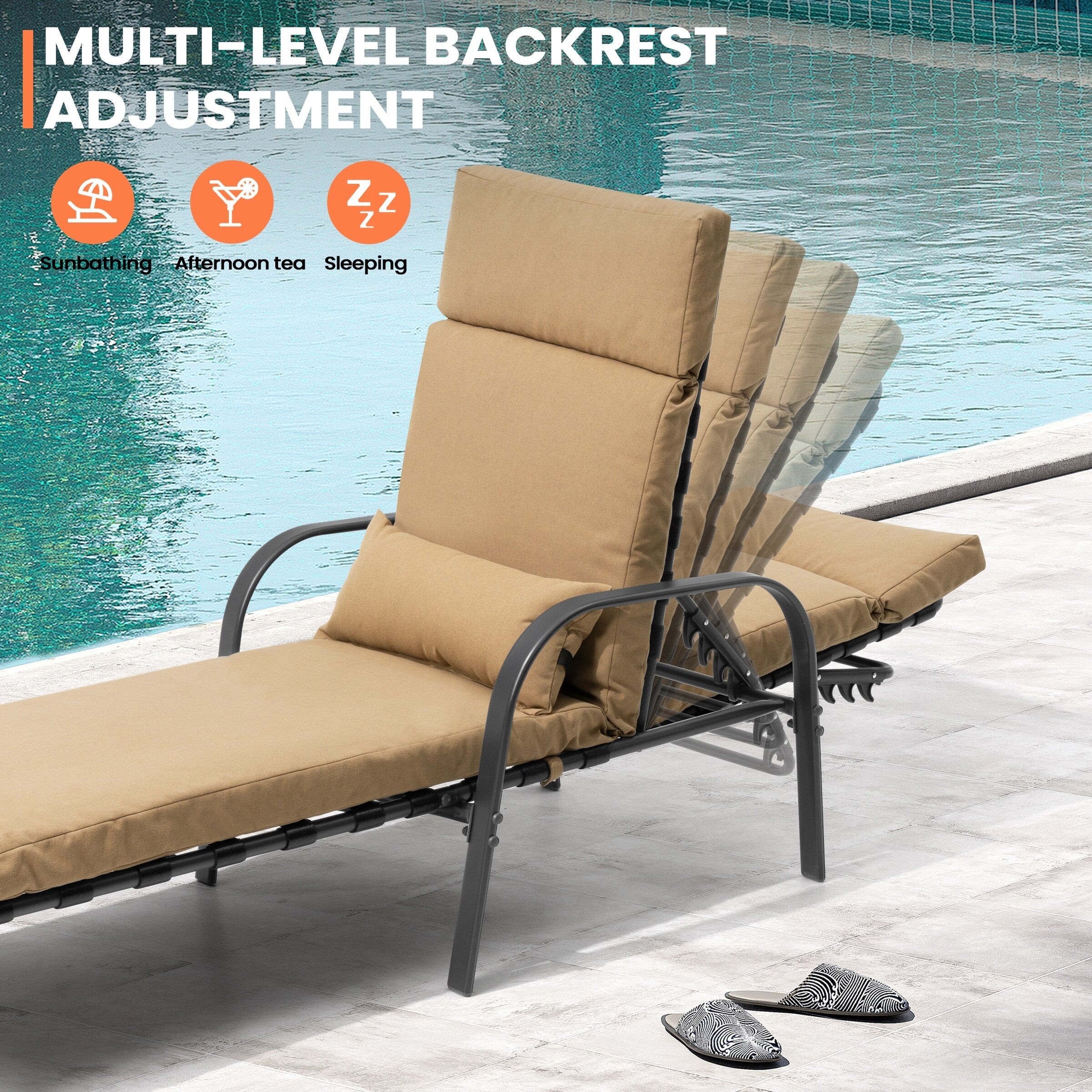 Outdoor Adjustable Patio Chaise Lounge Chair with Cushion Beach Poolside