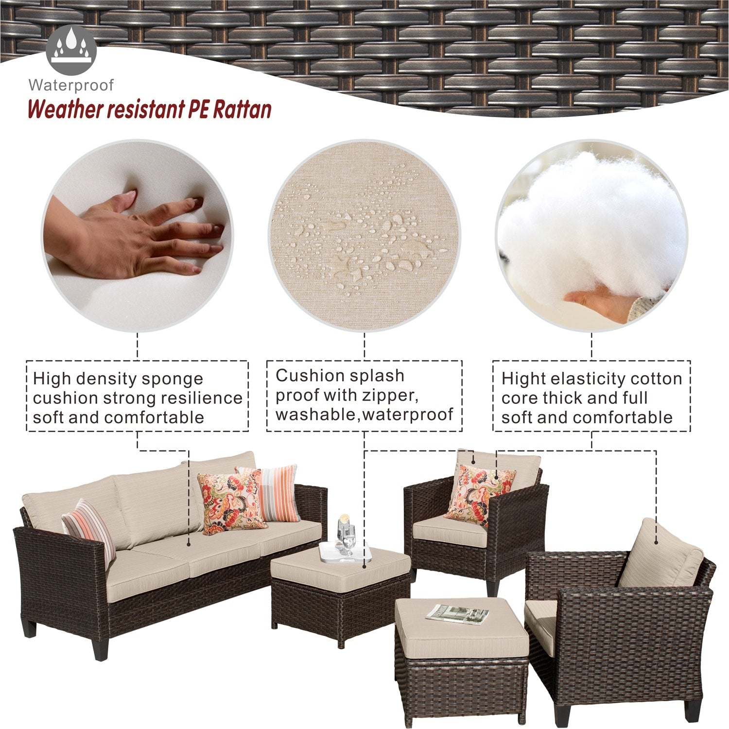 OVIOS 5-piece Patio Furniture Wicker Outdoor High-back Seating Set