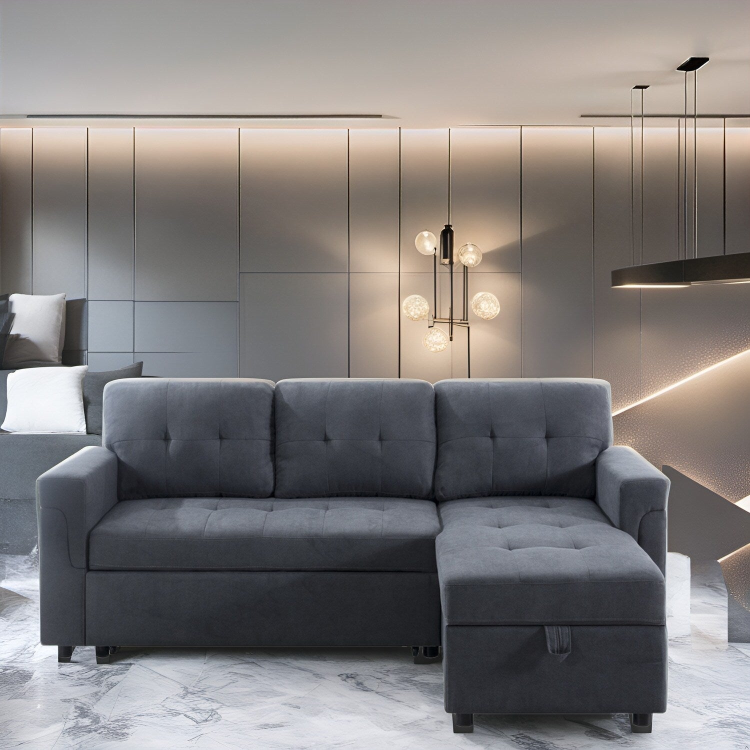 Reversible Sectional Sofa with Pull-Out Sleeper Bed, Hidden Storage Chaise, Durable Legs,