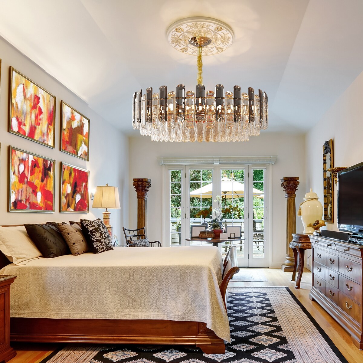 Round Layer Shining Crystal Ceiling Chandelier Lamp with 3 Color Lighting Pendant Light Fixture