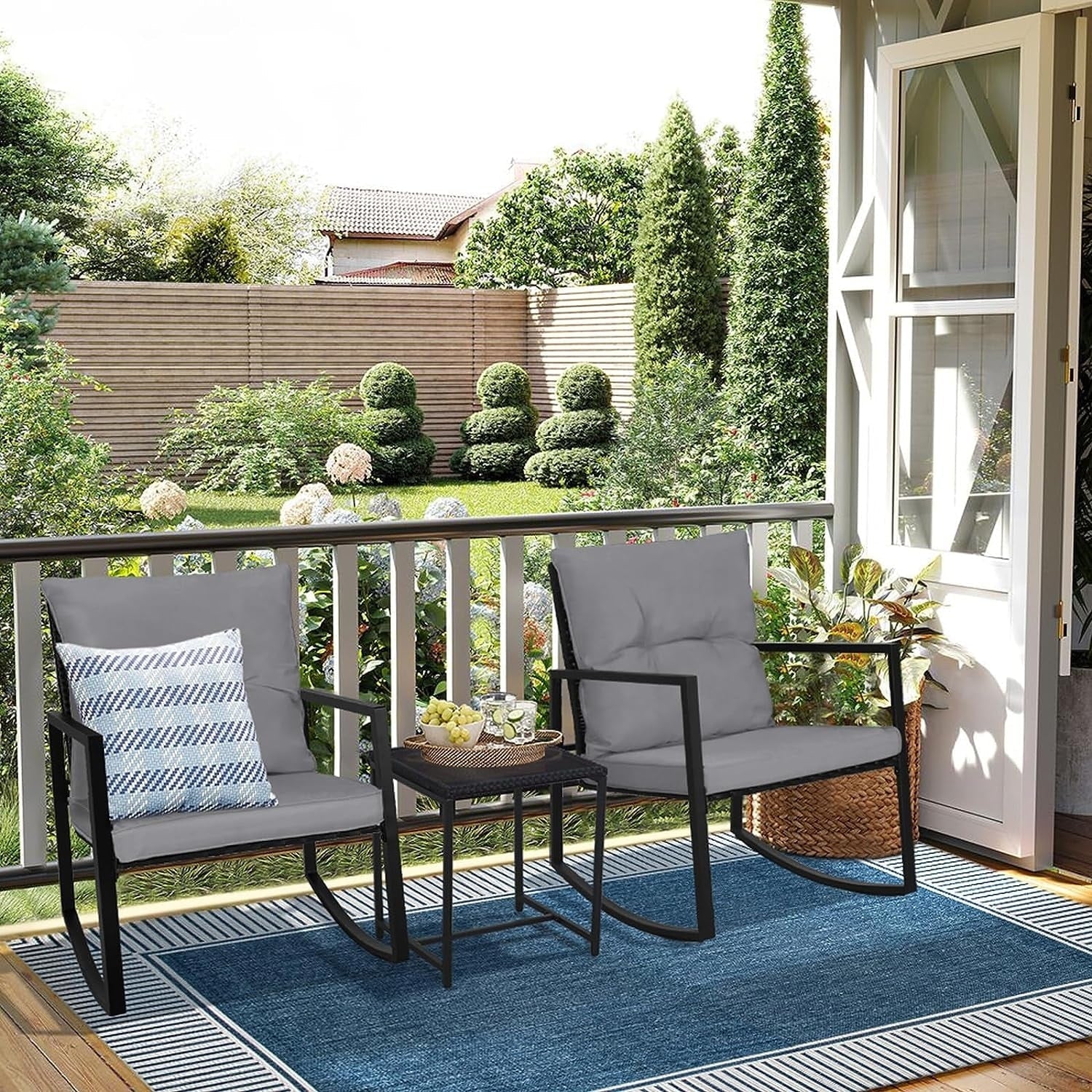 SUNCROWN 3-Piece Black Metal Outdoor Patio Rocking Bistro Set