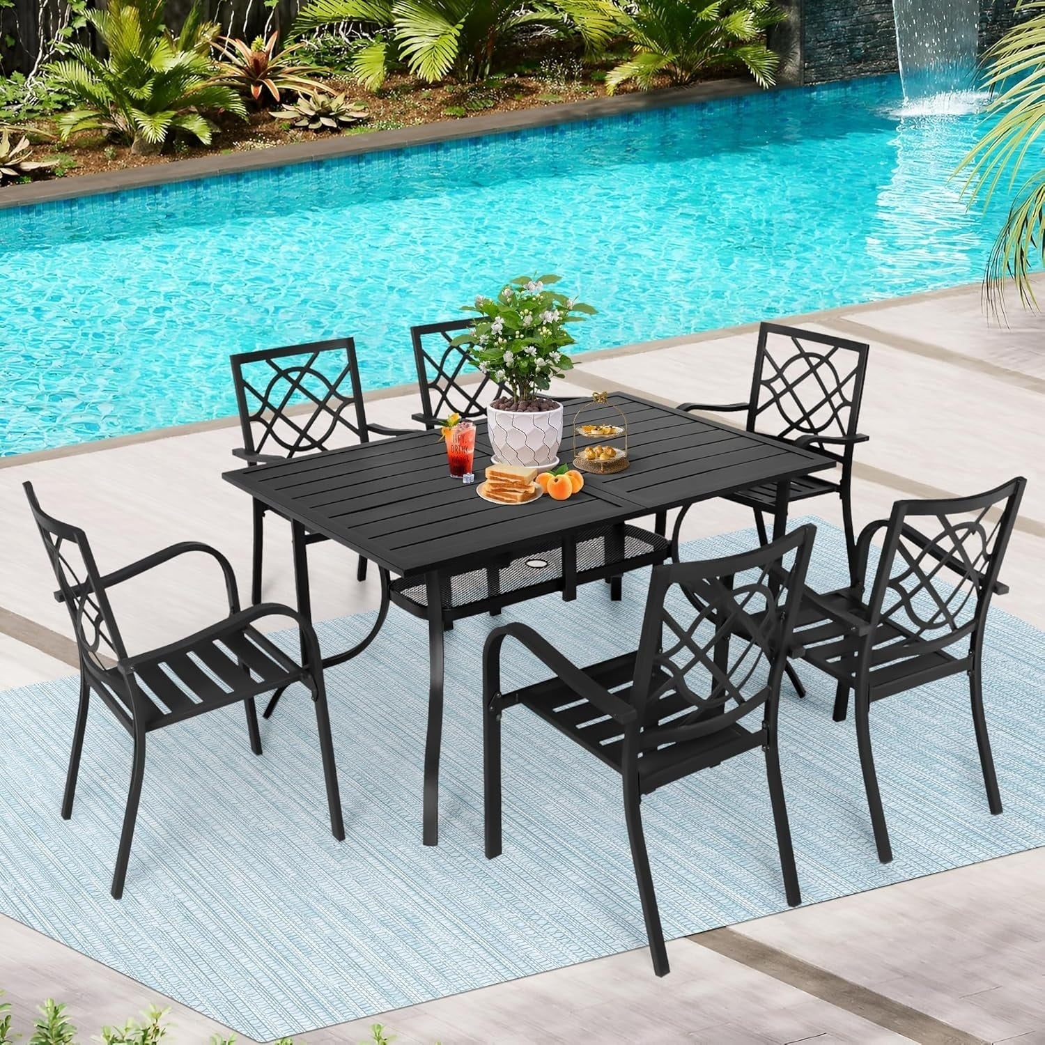 SUNCROWN Outdoor Patio 5/7 Piece Steel Dining Sets Metal Slatted Table and Stackable Chairs Powder Coated Frame