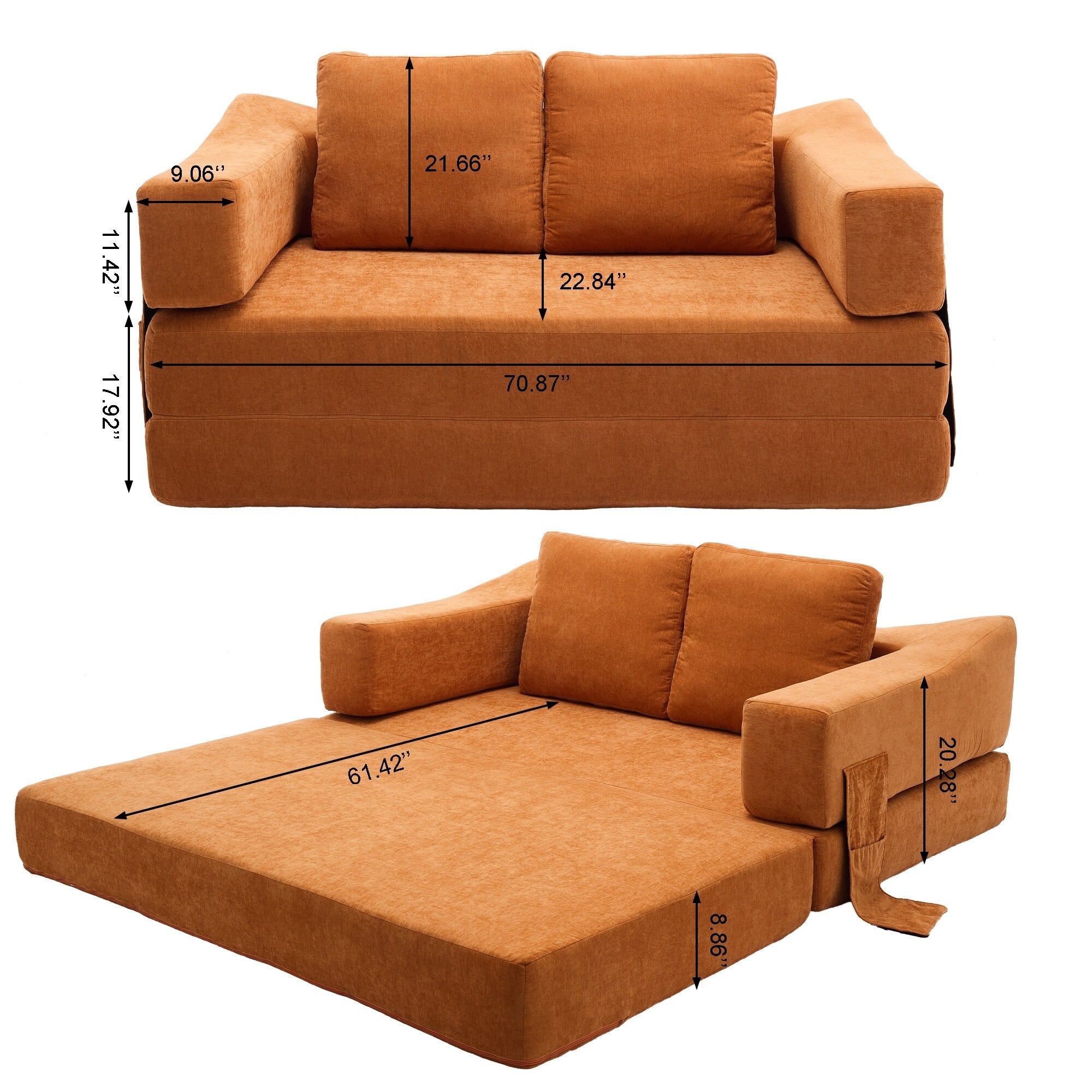 70.87 Upholstered Convertible Sleeper Sofa, Convertible Chair Floor Couch Comfy Sofa for Living Room, Bedroom, Chenille Fabric