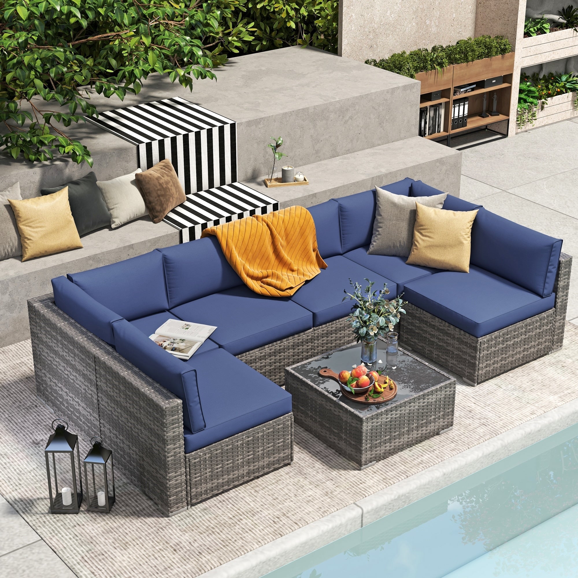 Wicker/ Steel 7-piece Outdoor Cushioned Sectional Sofa Set