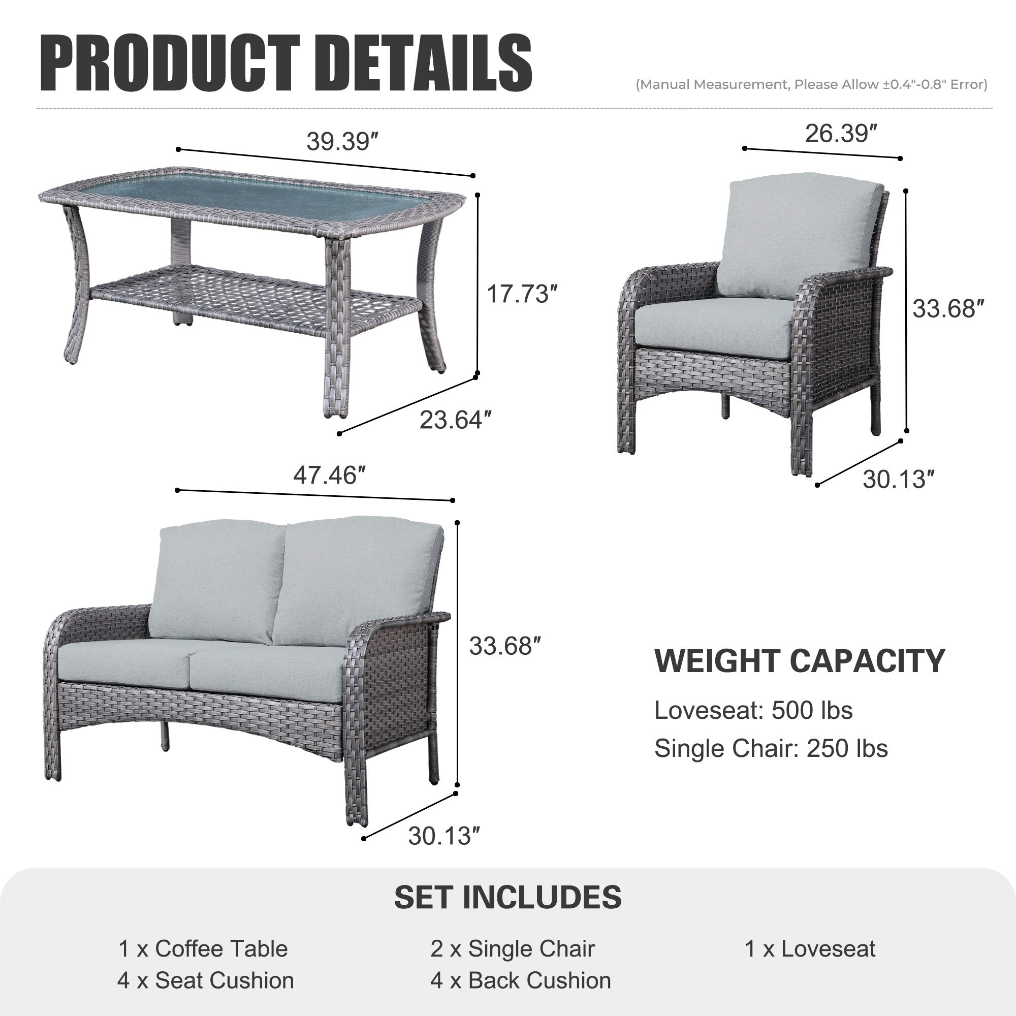 XIZZI 4-piece Outdoor Patio Furniture Conversation Set with Table