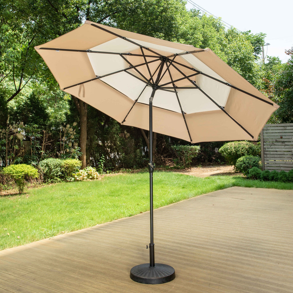 MAISON ARTS 10ft 3 Tier Auto-tilt Patio Umbrella Outdoor Double Vented Umbrella with LED Lights