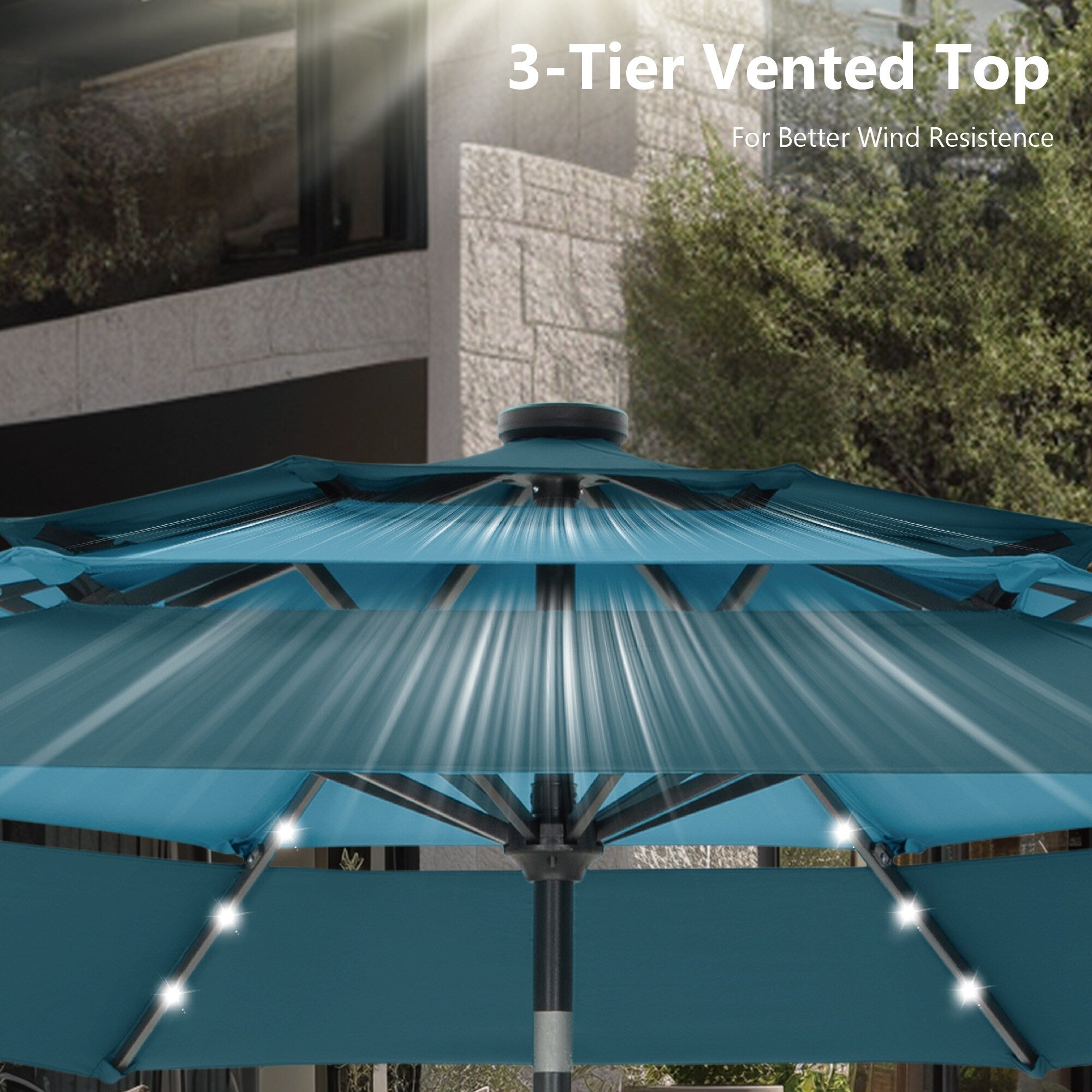 MAISON ARTS 10ft 3 Tier Auto-tilt Patio Umbrella Outdoor Double Vented Umbrella with LED Lights