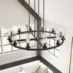 12-Light Mid-Century Modern Cylinder Clear Glass Wagon Wheel Chandelier Gold/Black Large Chandelier
