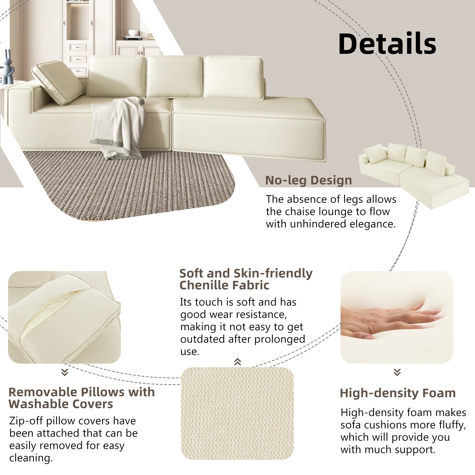 125 Stylish Chaise Lounge Modern Indoor Lounge Sofa Sleeper Sofa with Clean Lines for Living Room, Beige