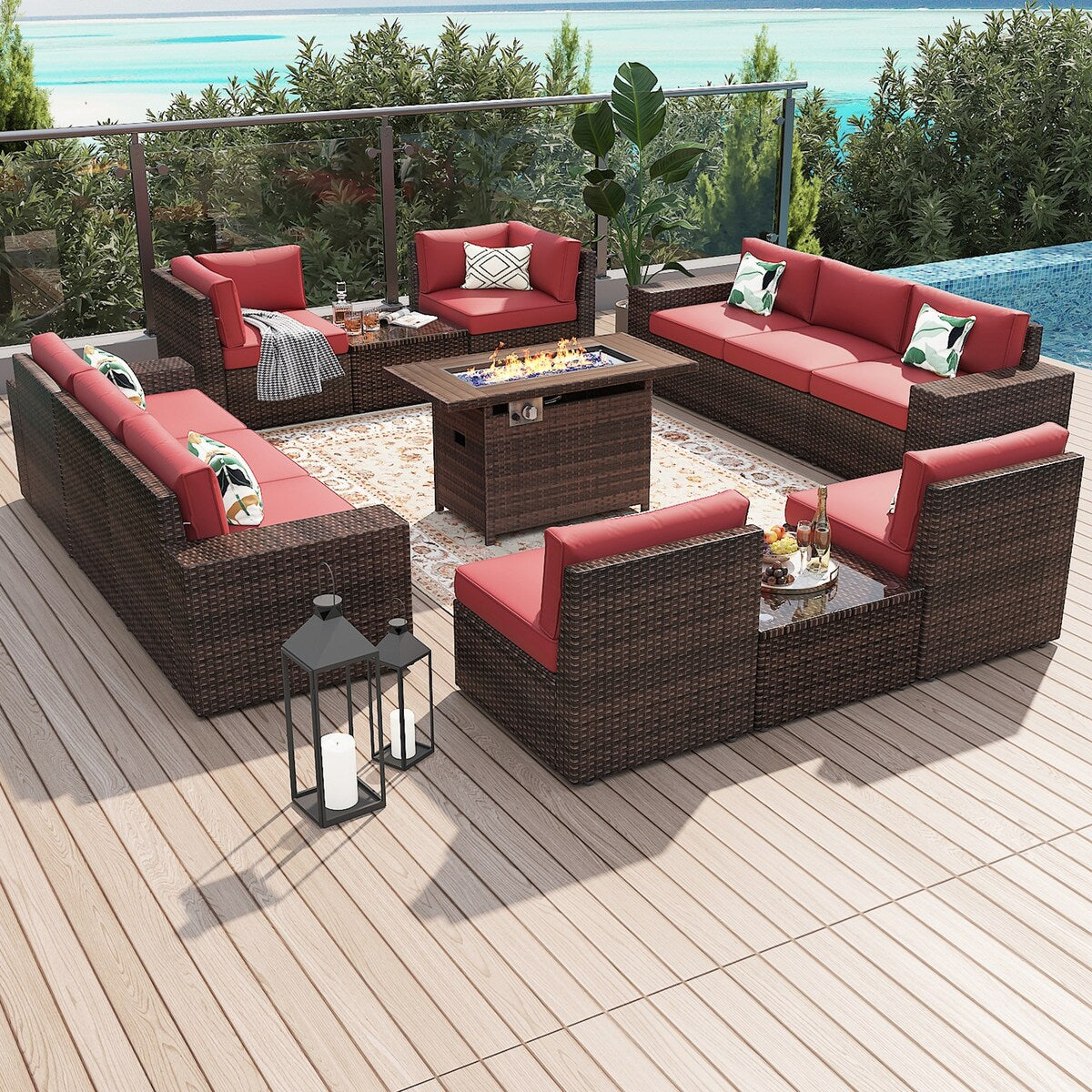 13 Pieces Patio Furniture Set with 44Fire Pit Table